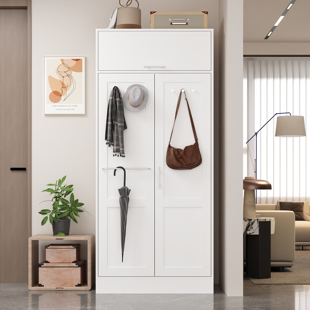 Homsee C-KF390076-01 Modern Wardrobe Armoire with Hanging Rod Hooks and Spacious Storage Elegant Minimalist Design Closet Cabinet for Bedroom 31.5''L x 20.6''W x 70.9''H White