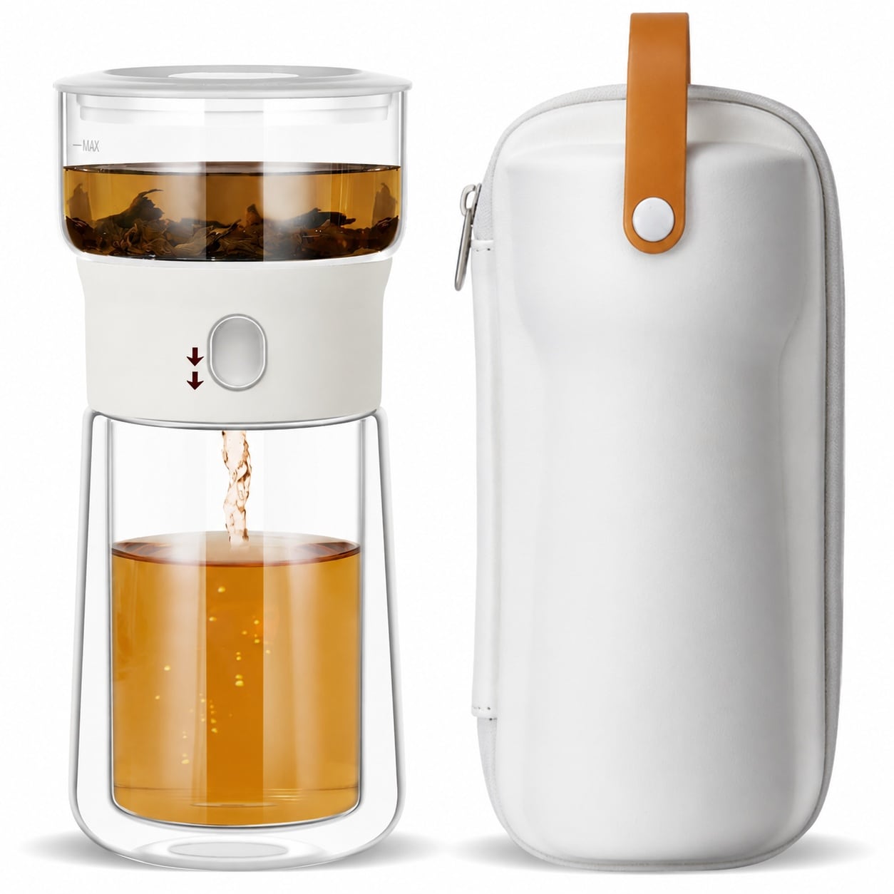 DHMHD  Modern Glass Tea Pot with One Touch Pouring and Stainless Steel Infuser Portable Tea Maker with Insulated Tea Mug and Travel Kit for Tea