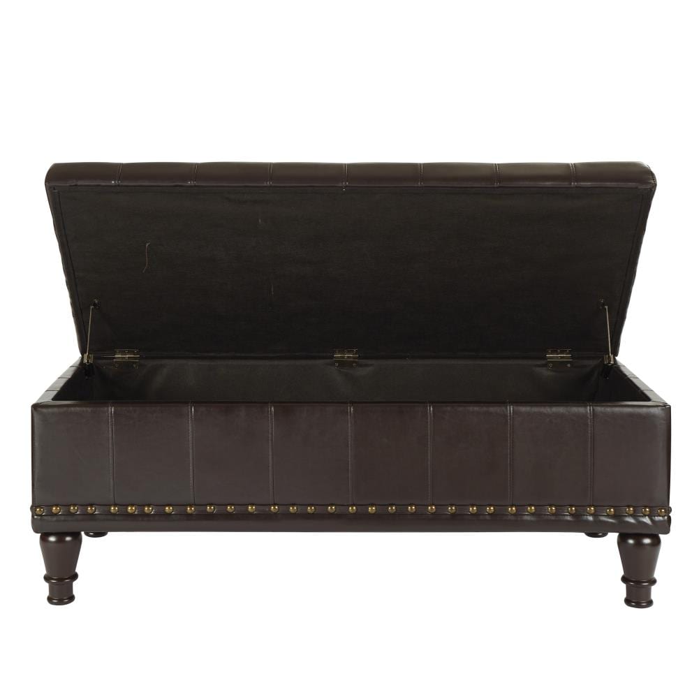 Espresso Bonded Leather Tufted Storage Ottoman with Nailhead Accents
