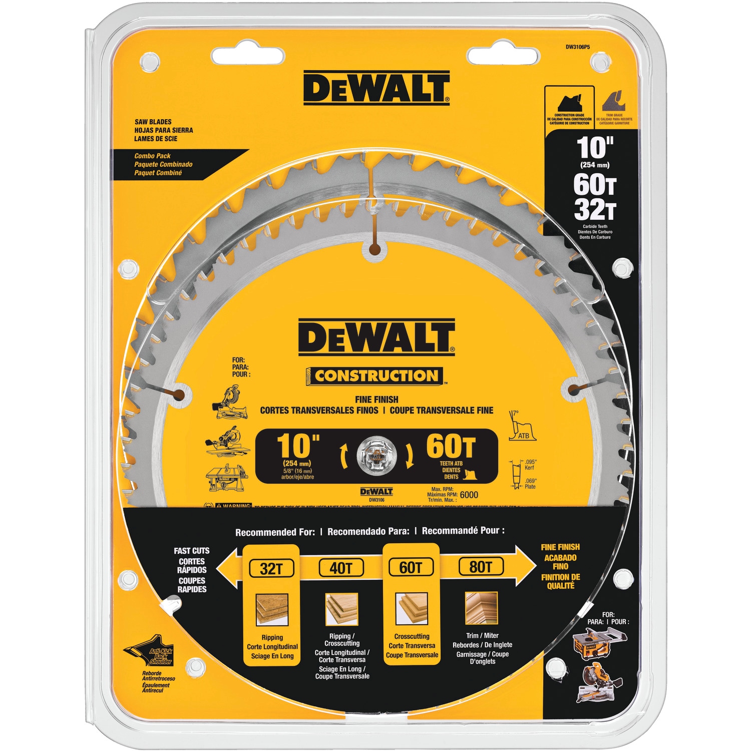 10-in 32 and 60-Tooth Fine Finish Carbide Miter/Table Saw Blade Set | - DEWALT DW3106P5
