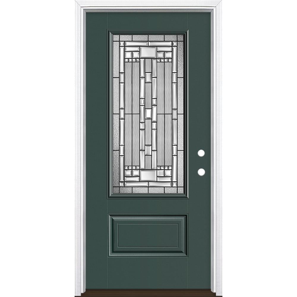 Masonite 3421223 Naples 36-in x 80-in x 4-9/16-in Fiberglass 3/4 lite Left-hand inswing Evergreen Painted Prehung Single door Front Door with Brickmould Insulating core Decorative glass