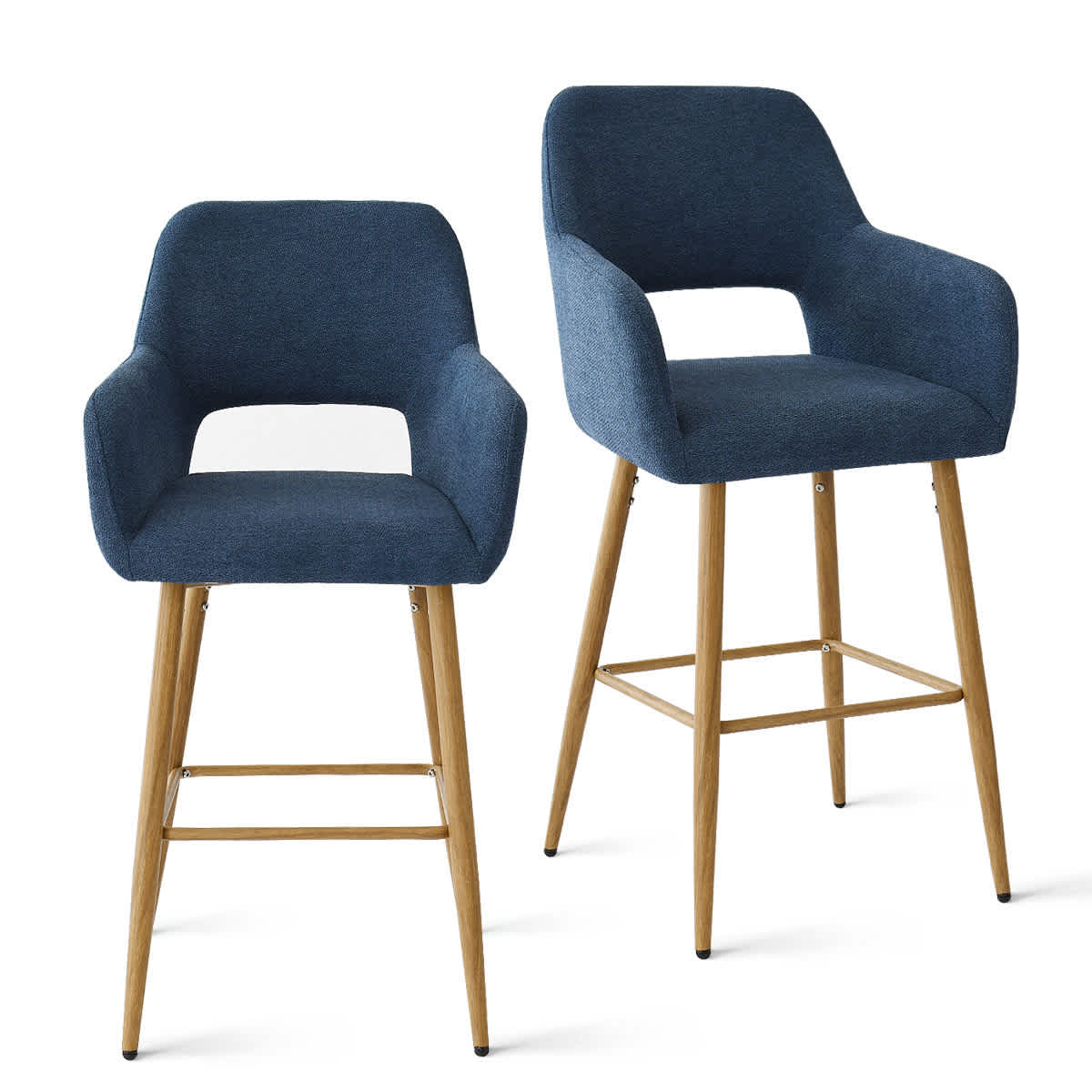 Maison Boucle ATLANTA-ARM-MB-BLUE Bar Stools Counter Height Set of 2 with Back and Armrest Blue Linen Upholstered Accent Barstools