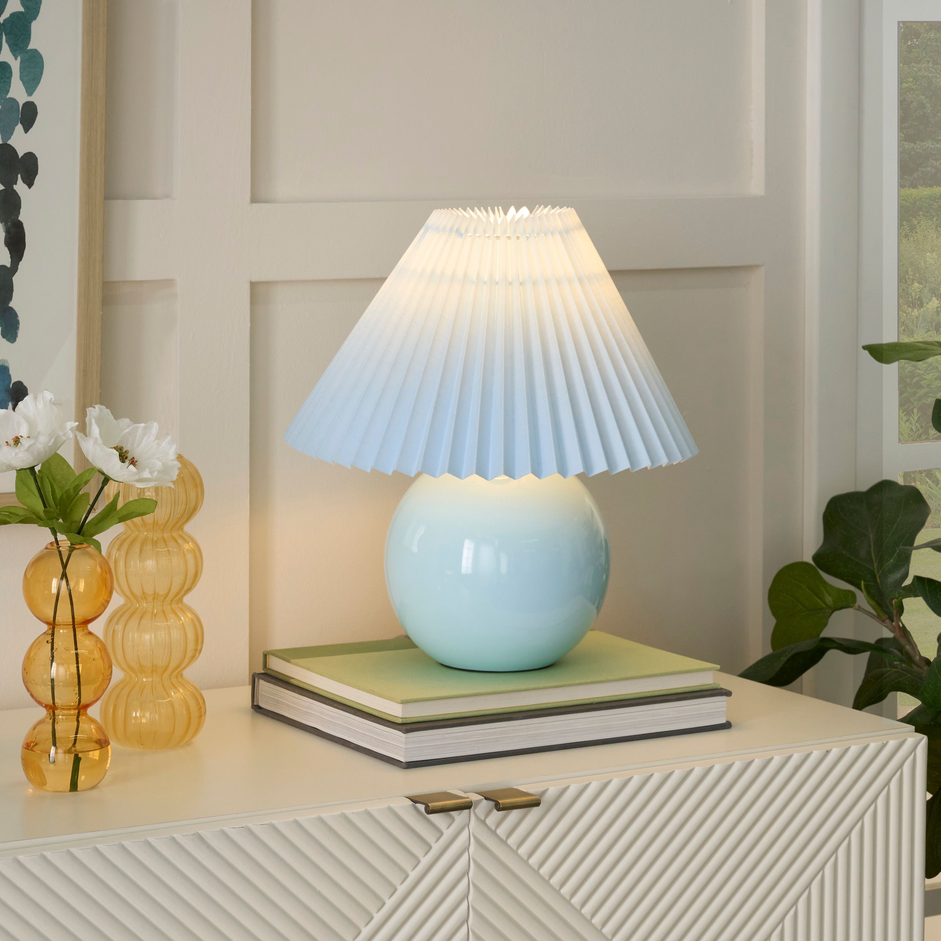 Nourison 13-in Light Blue Ceramic Round Accent Lamp with Pleated