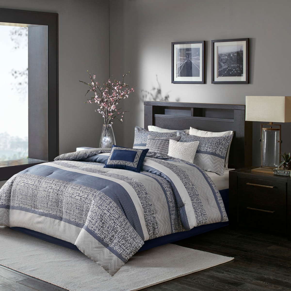 FAVSH 7 Piece Jacquard Comforter Set Navy Queen