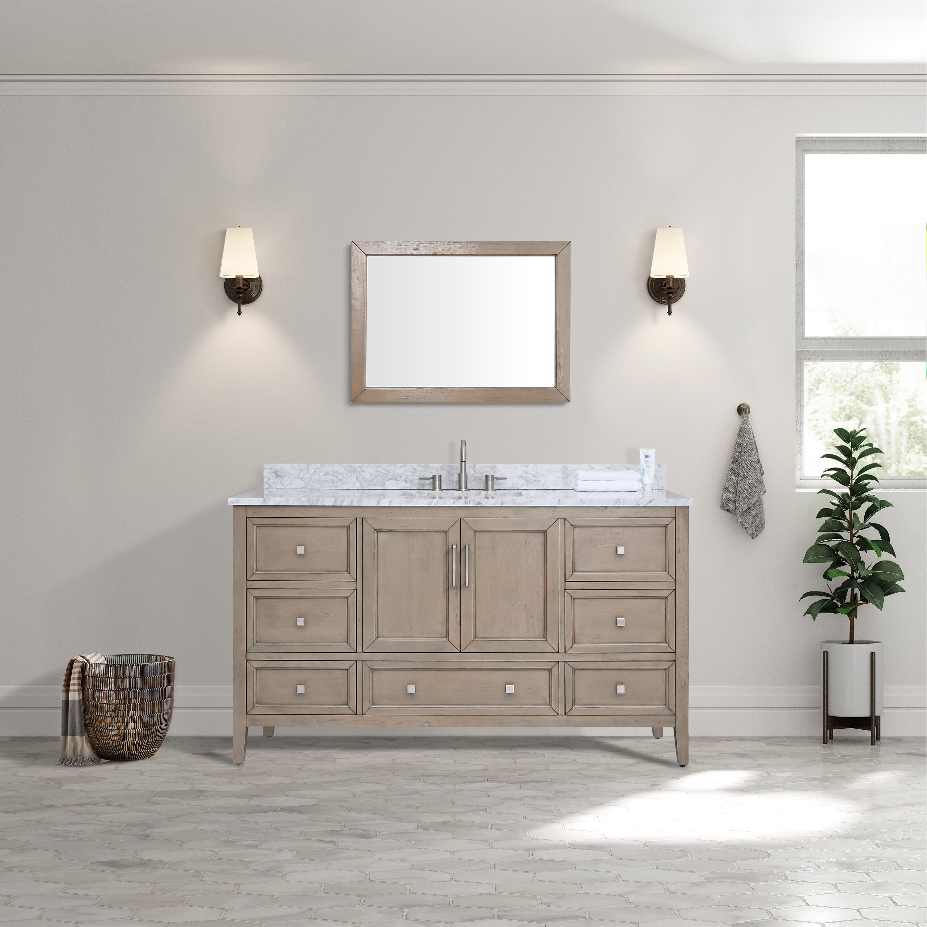Avanity EVERETTE-VS61-WD-C 61-in Gray Oak Undermount Double Sink Bathroom Vanity with Carrara White Marble Top