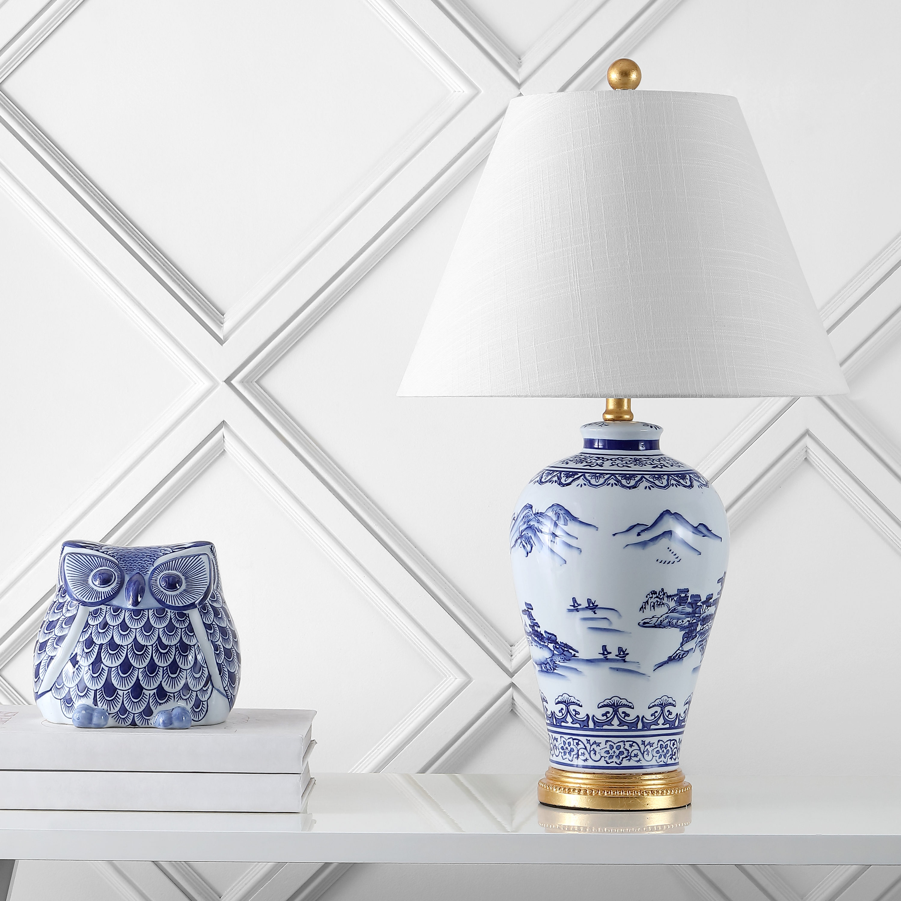 Traditional White and Blue Ceramic Table Lamp with Linen Shade