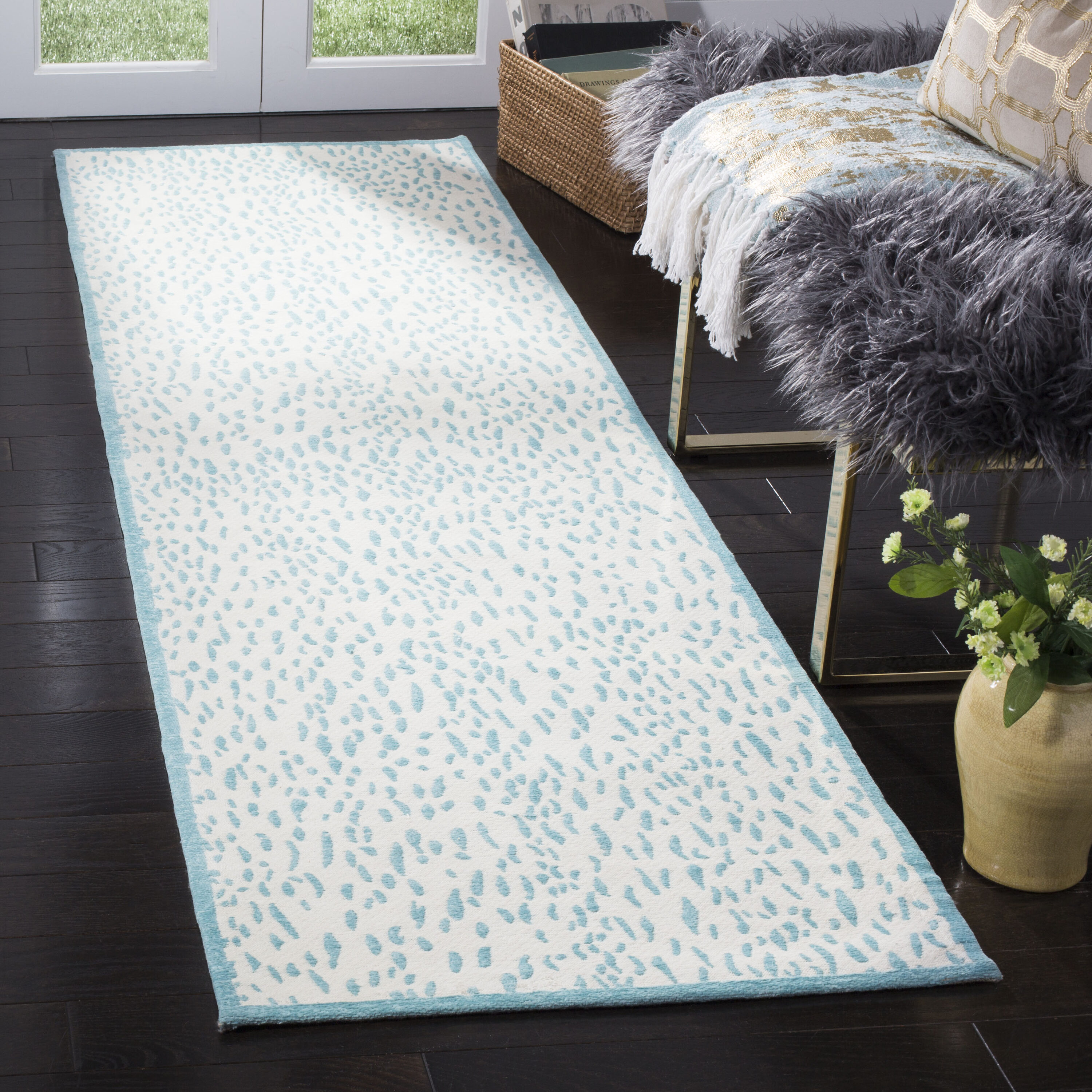 Safavieh MRB657T-28 Marbella Sunetra 2 x 8 (ft) Loomed Polyester Ivory/Turquoise Rectangular Indoor Abstract Runner rug