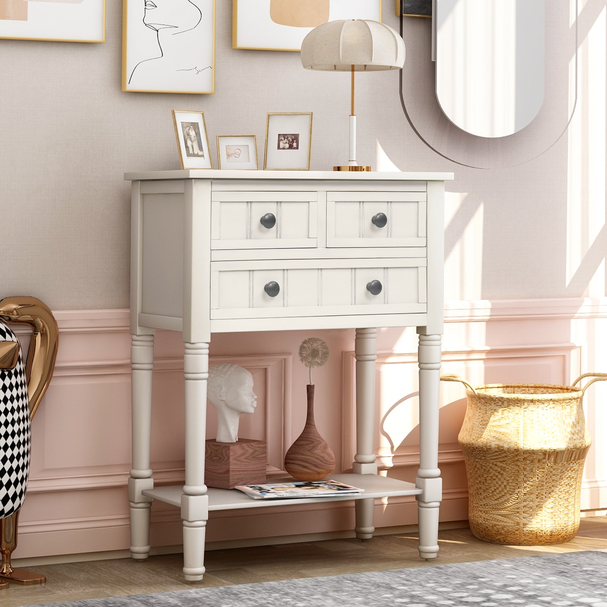 ModernLuxe WF192646AAK Narrow Console Table Slim Sofa Table with Three Storage Drawers and Bottom Shelf Ivory White