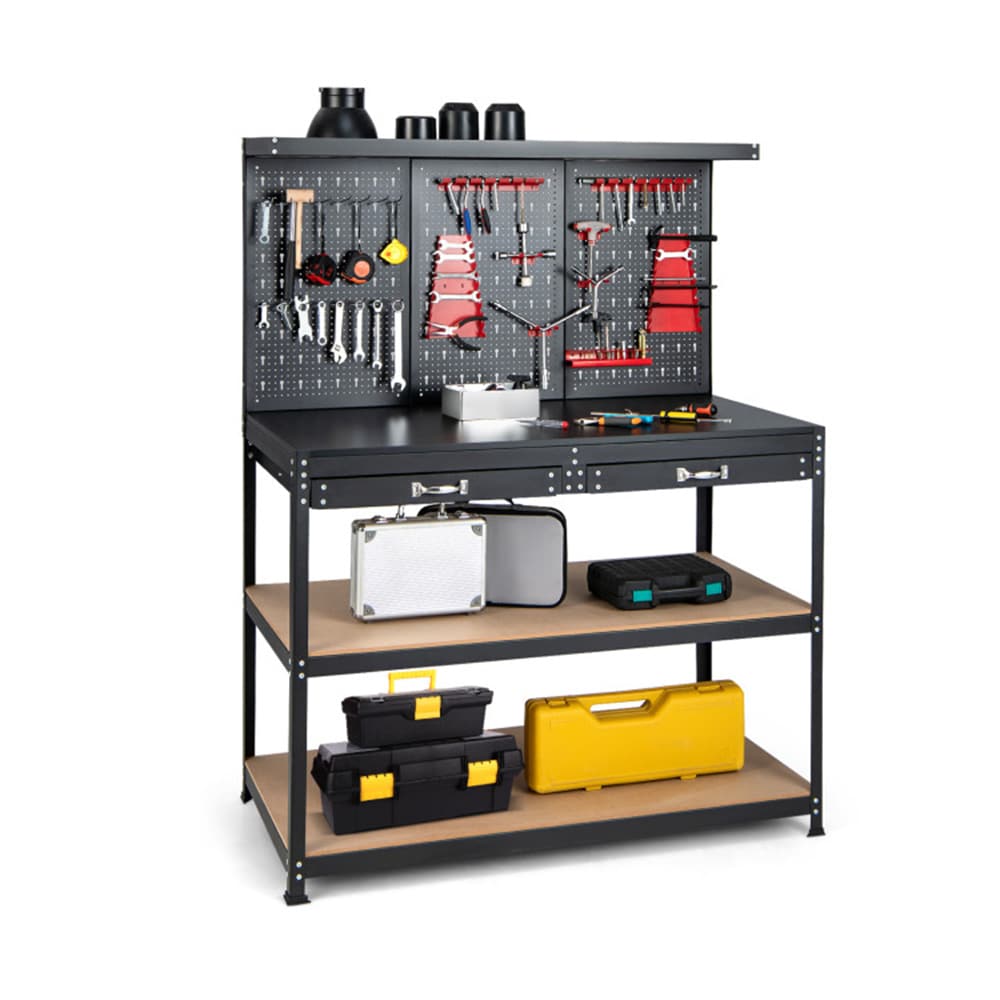 Workbench, Steel Garage Workbench, Tool Storage Work Bench Workshop Tools  Table with Drawer and Peg Board, Load Bearing 300 Lbs, Suitable for Garage