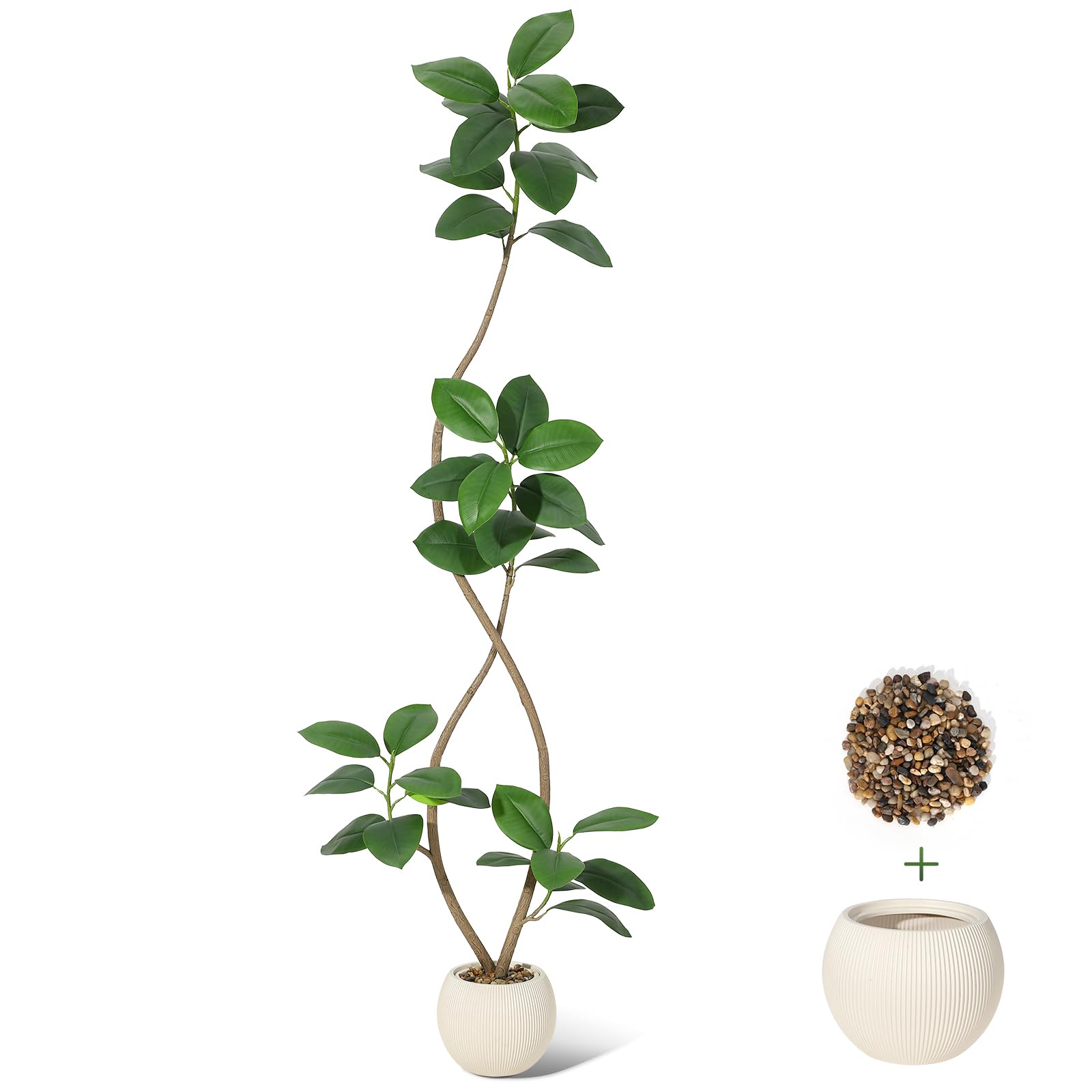 Garvee 7 ft Artificial Plant Rubber Tree with off white Sphere Resin Planter and Stone Faux Fiddle Leaf Fig Tree Indoor Artificial Tree Tall Plant Fake Tree Tropical Large Floor Tree Real Touch for Home Decor