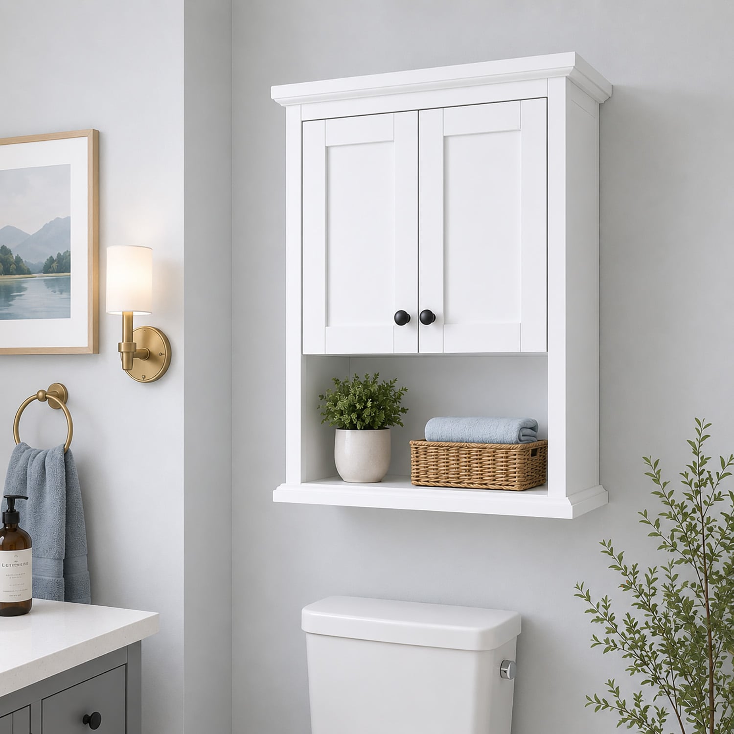 Wyndham Collection Avery 25-in x 30-in x 9-in White with Matte Black Trim Soft Close Bathroom Wall Cabinet