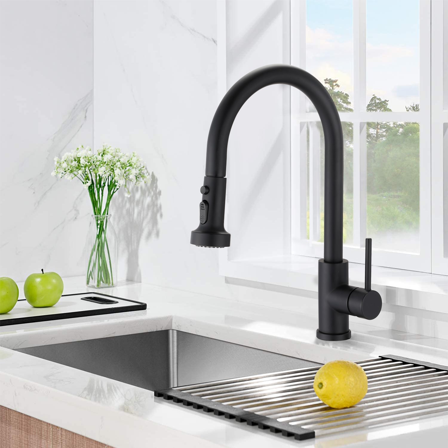 Fapully Matte Black Single Handle Pull Out Kitchen Faucet With Sprayer Deck Plate Included Fa 7651