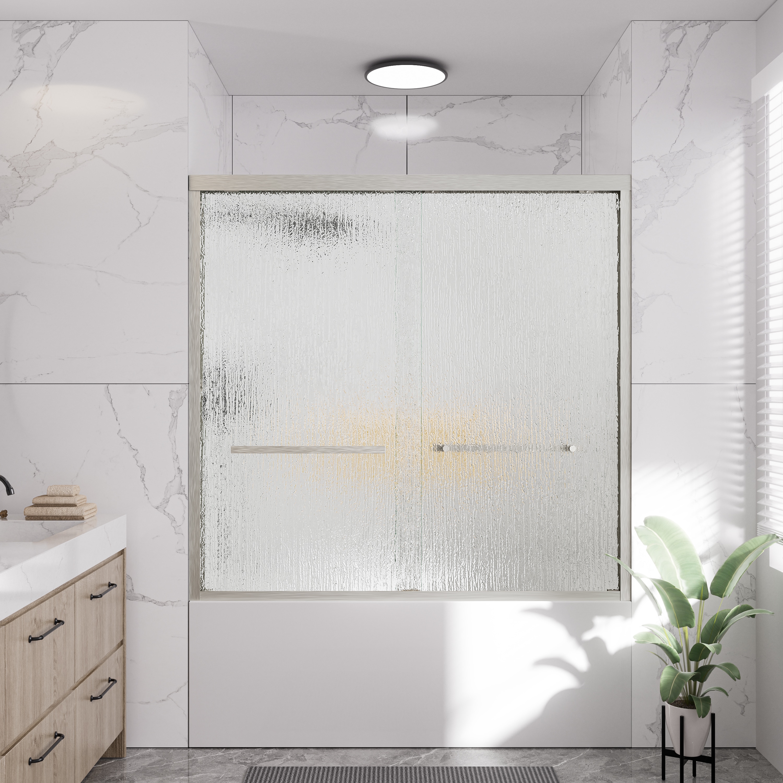 Yuaris 56 in. - 60 in. W x 58 in. H Bypass Double Sliding Framed Tub Shower Door in Brushed Nickel with Rain Glass
