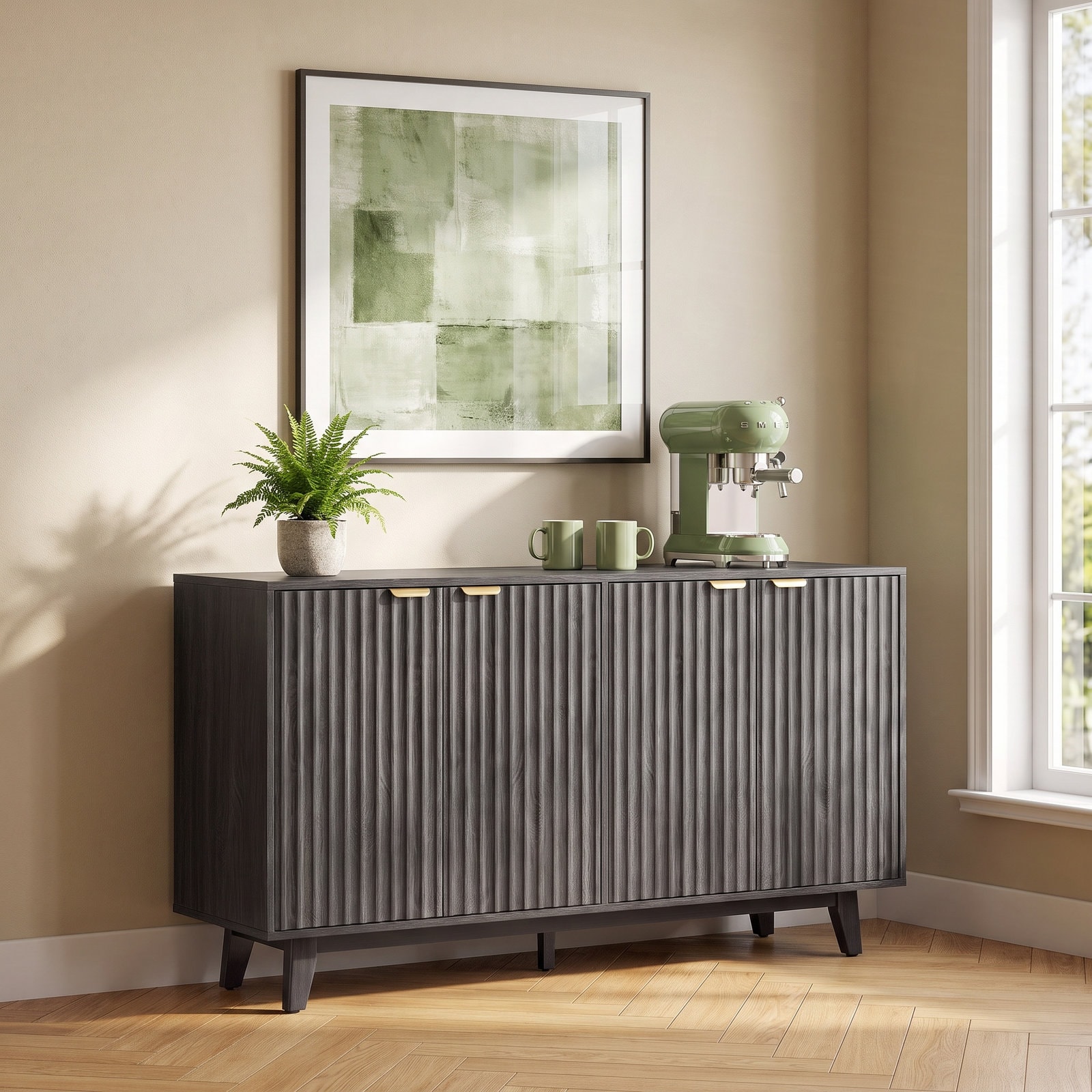 SunJet Fluted Sideboard Buffet Cabinet with 4 Doors Adjustable Shelves Gold Pulls and Five Legs Dark Gray #8ZODR6P6MD41A