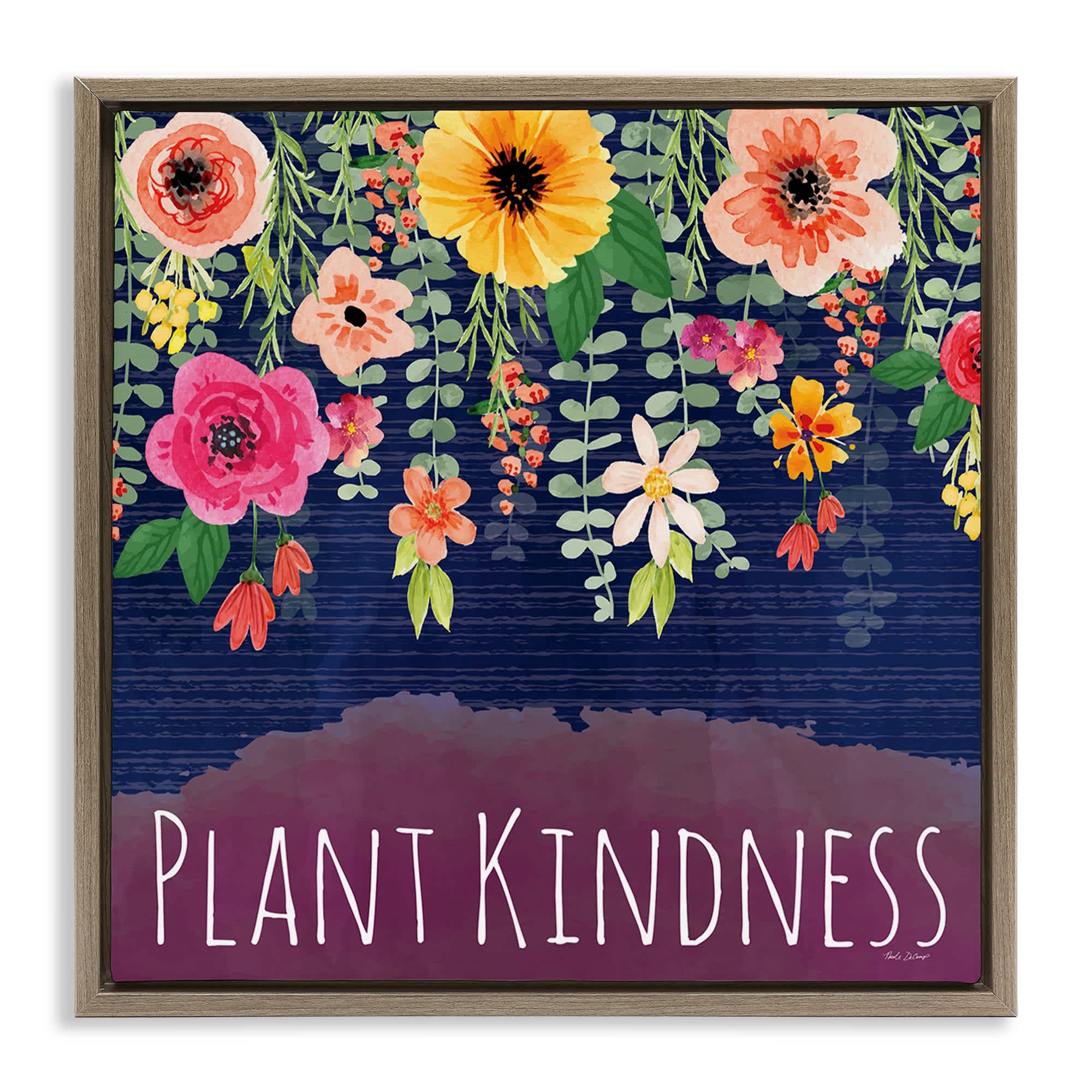 Stupell Industries BT-614-FFE-24X24 Plant Kindness with Florals Brown Framed Floater Canvas Wall Art By Nicole DeCamp 25 x 25