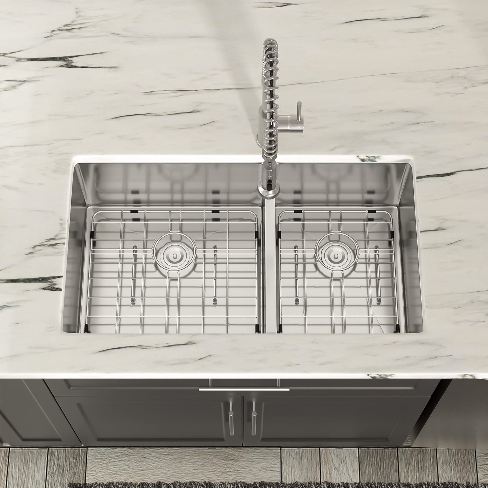 Dcolora 36-in 60/40 Split Double Bowl Undermount Kitchen Sink Set 16-Gauge 304-Stainless Steel Round Corner With Accessories DC-U7741