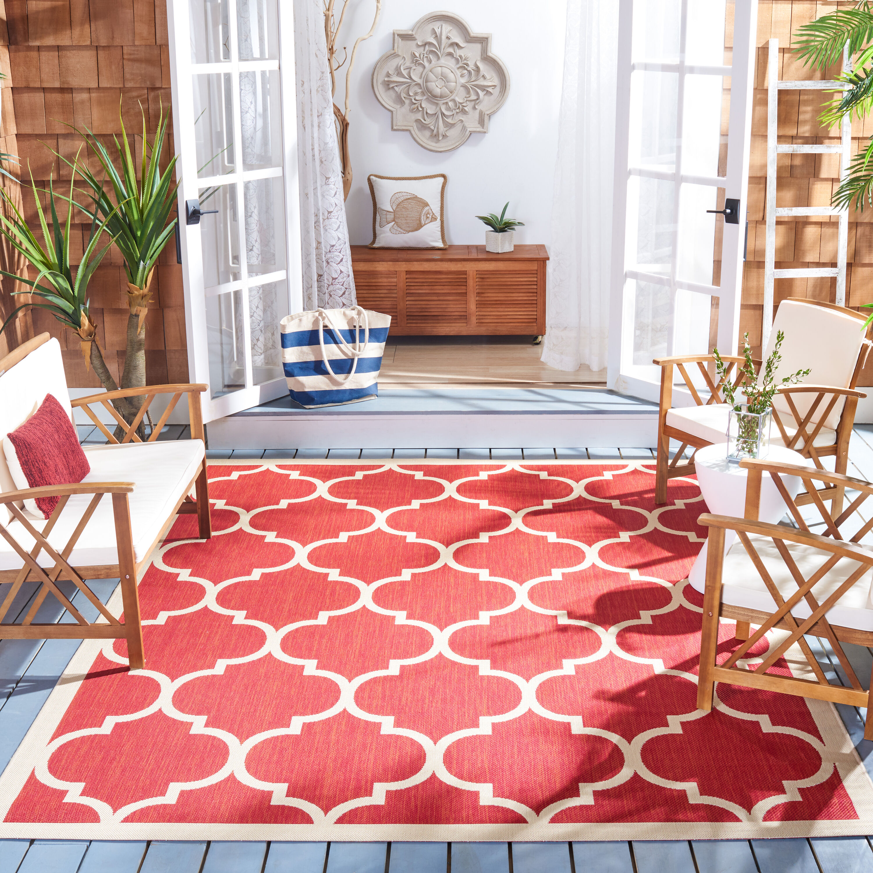 Safavieh CY6914-248-8 Courtyard 8 x 11 (ft) Loomed Synthetic Red/Bone Rectangular Indoor/Outdoor Geometric Area rug