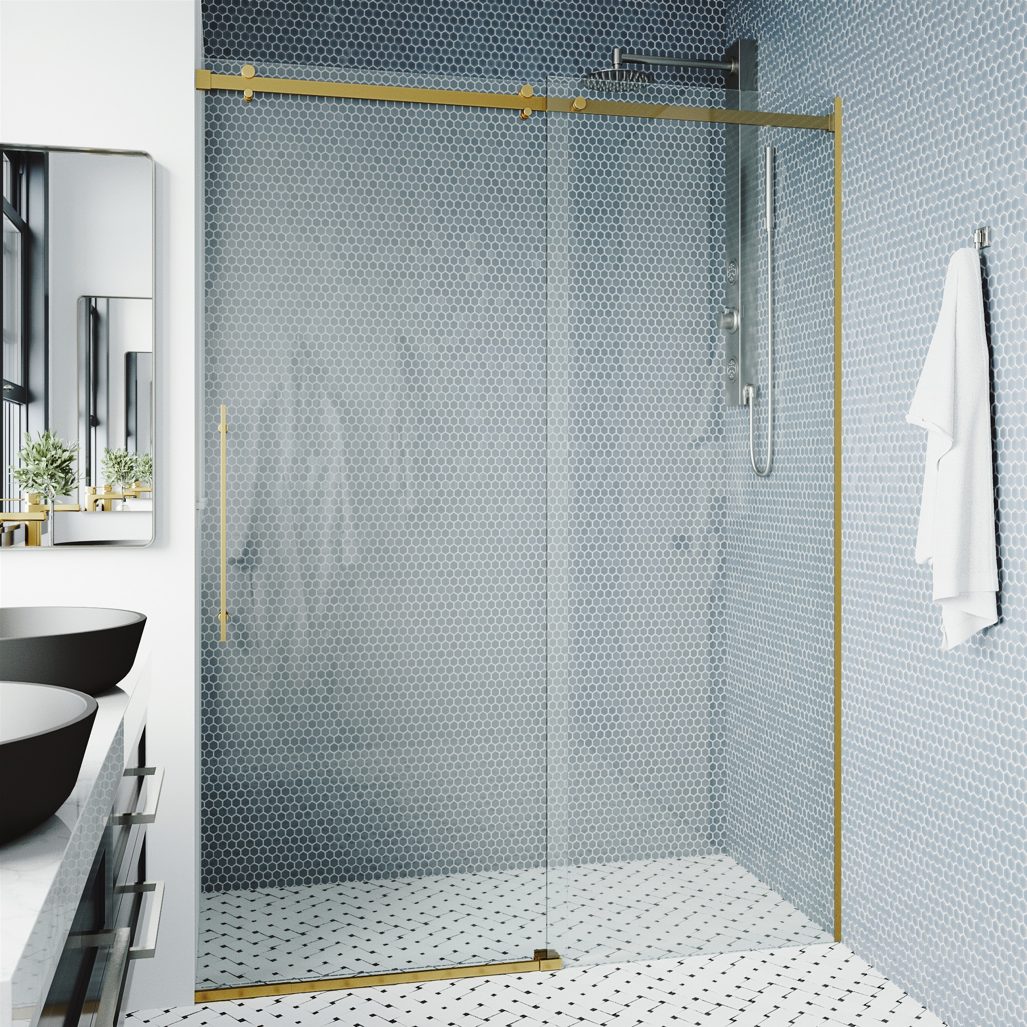 VIGO VG6043MGCL6074 Luca Matte Brushed Gold 56-in to 60-in W x 79-in H Frameless Sliding Shower door 3/8-in Thick Clear Glass