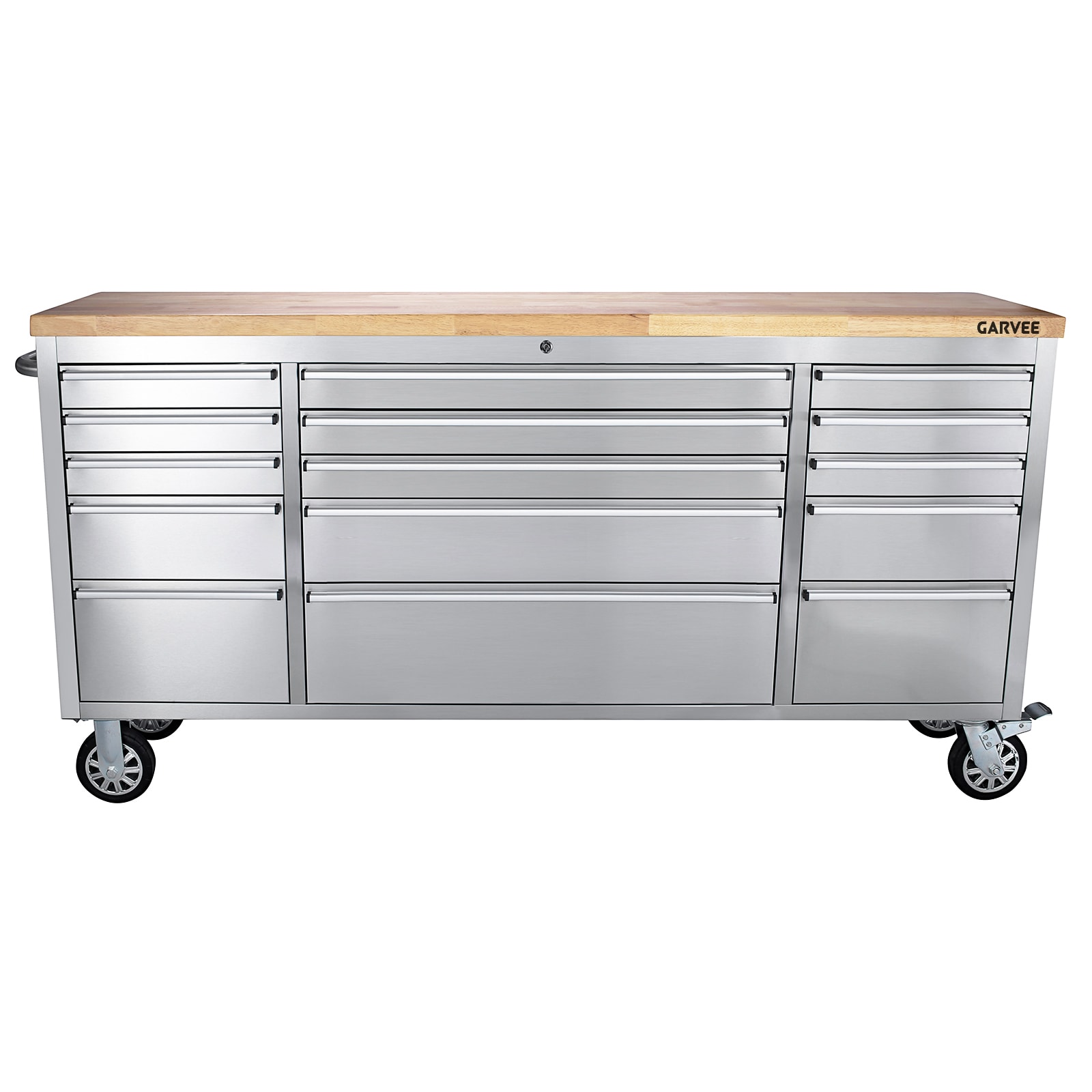GarveeLife Heavy Duty Silver Rolling Tool Storage Cabinet 72 Inch With 15 Drawers Integrated Locking System And Hybrid Steel Rubber Wood Top For Garage Workshop And Job Site Use #LIVE66-0865