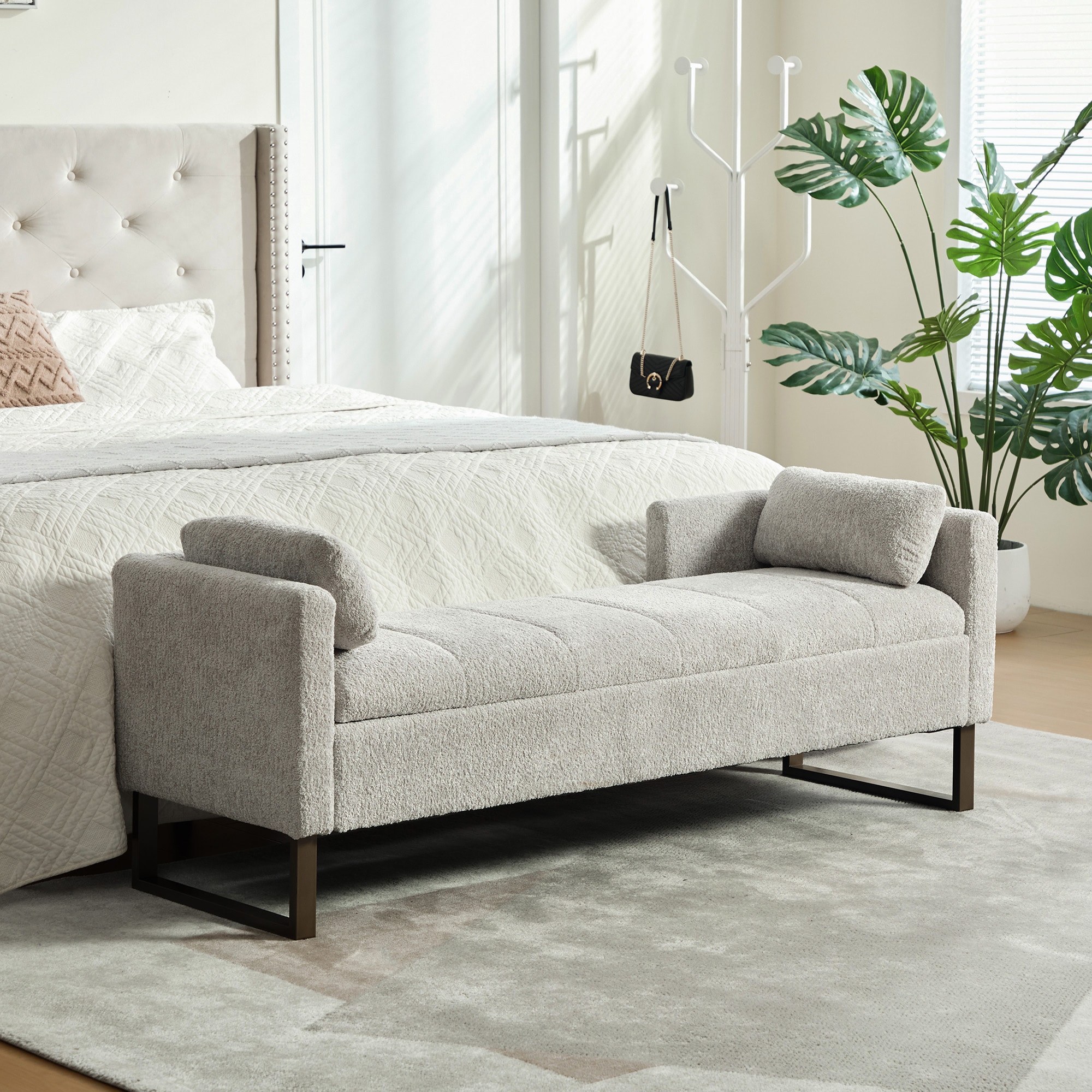 KTMBDW 64 Inch Ottoman with Storage - Upholstered Flip-Top Footrest Ottoman with Metal Legs and 2 Pillows for Living Room (Gray)