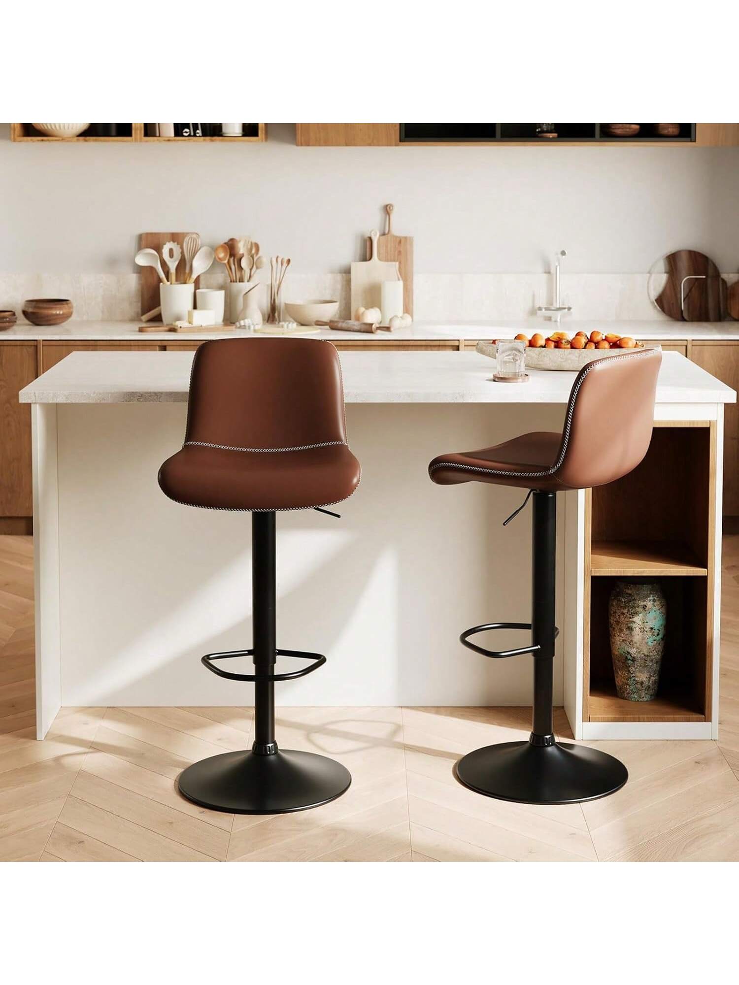 WhizMax GGL-PHO-1611E4OC Modern Bar Stools Set of 2 Adjustable Swivel Bar Stools Set Upholstered Swivel Bar Stools PU Leather Counter Height Barstools for Bar Kitchen Dining Room Brown