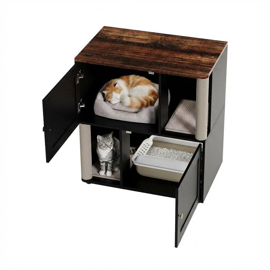 IdealHouse 2 Tier Cat Washroom Modern Farmhouse Double Cat Litter Box Enclosure Furniture Hidden Cabinet with 2 Scratch Mats and Post Multi Functional End Side Table for 2 Cats Odor Control Wooden Washroom Cabin Sliding Door Black