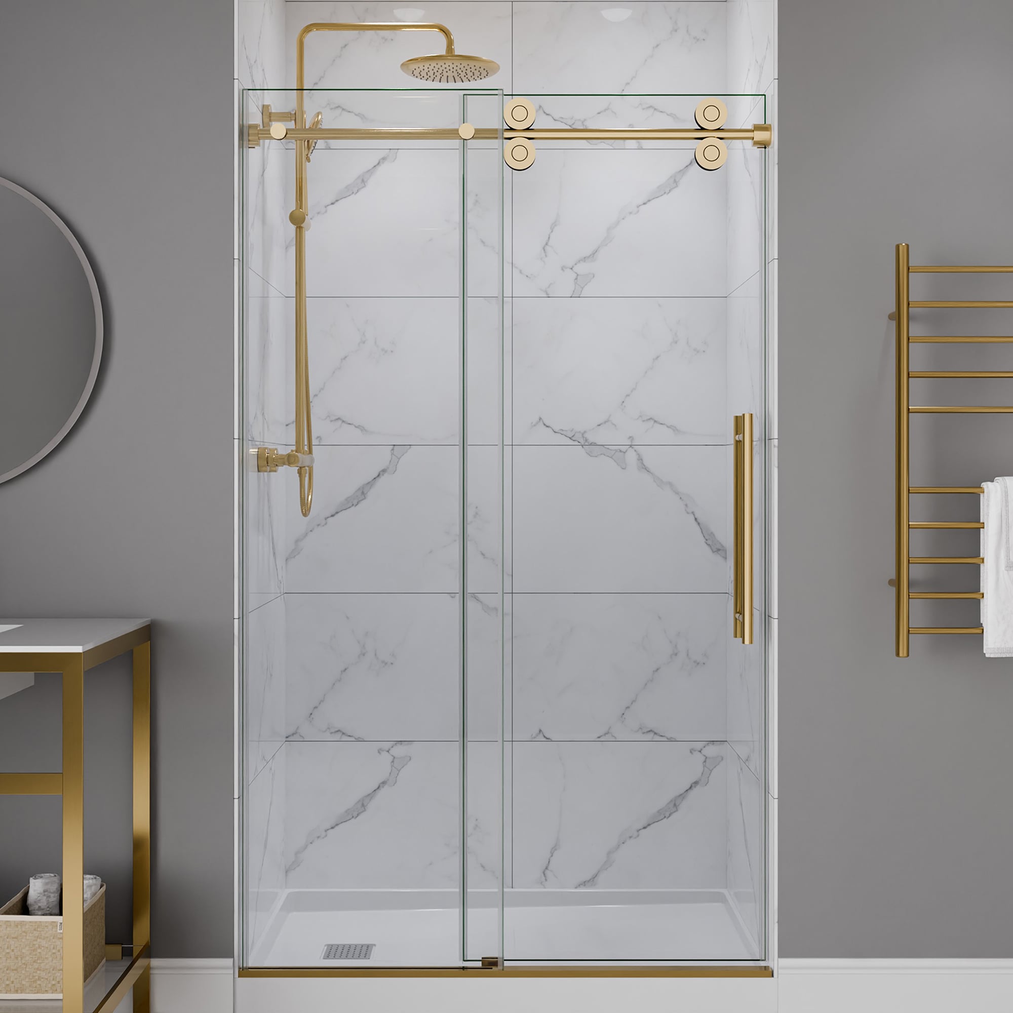 ANZZI SD-FRLS06101BG Ozean Brushed Gold 48-in W x 76-in H Frameless Clear Glass Sliding Shower door
