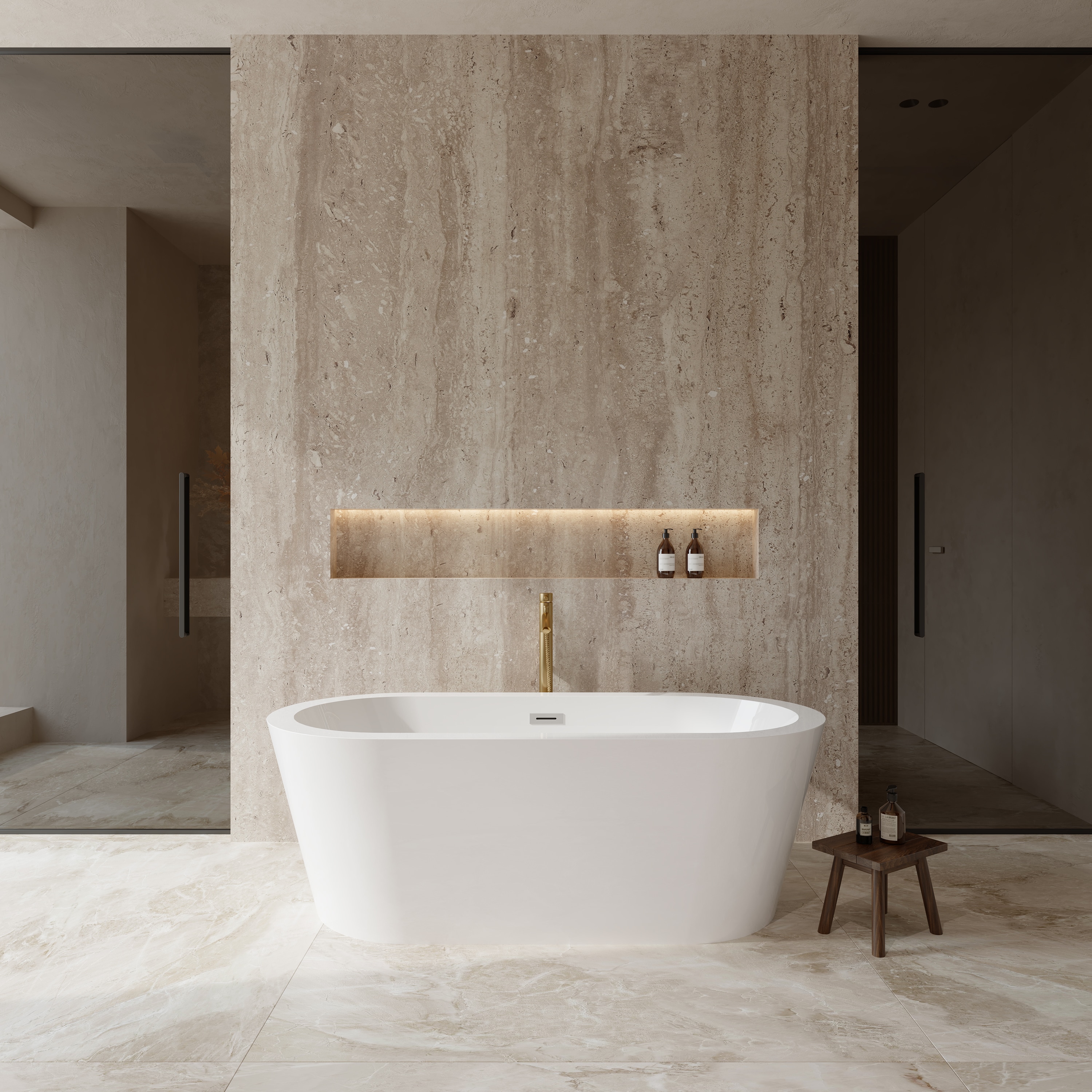 Wyndham Collection Mermaid 31.25-in x 67-in White with Polished Chrome Trim and Brushed Gold Faucet Acrylic Oval Freestanding Soaking Bathtub with Faucet Hand Shower with Drain ( Center Drain )