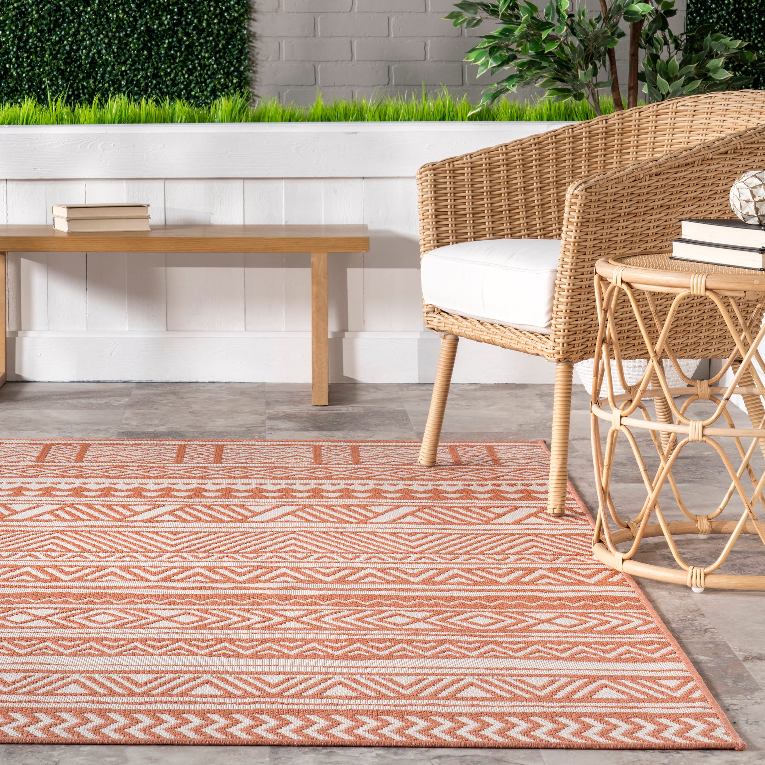 Coral and White Synthetic Rectangular Indoor/Outdoor Area Rug