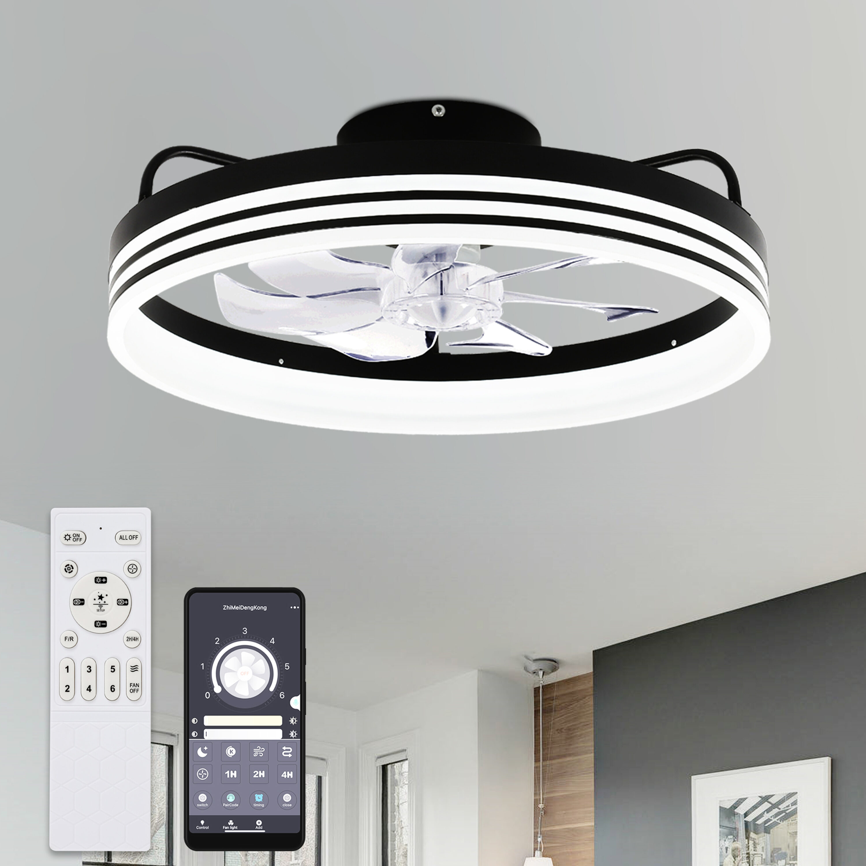 20 in. Black Low Profile Flush Mount LED with Remote and APP Smart Control  Indoor Ceiling Fan with Dimmable Lighting