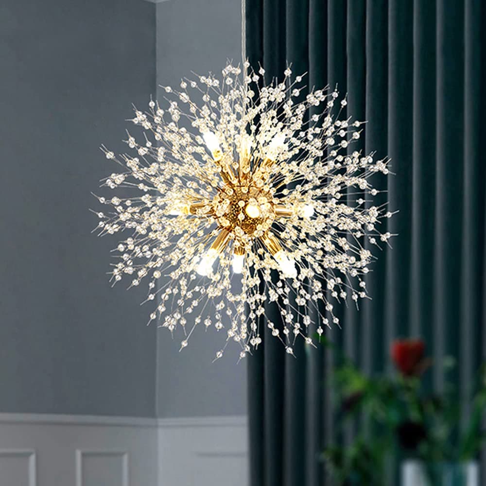 IUEST  Gold Crystal Chandelier 9-Light Modern Dandelion Firework Pendant Lighting for Dining Room Bedroom Hallway Kitchen Aisle