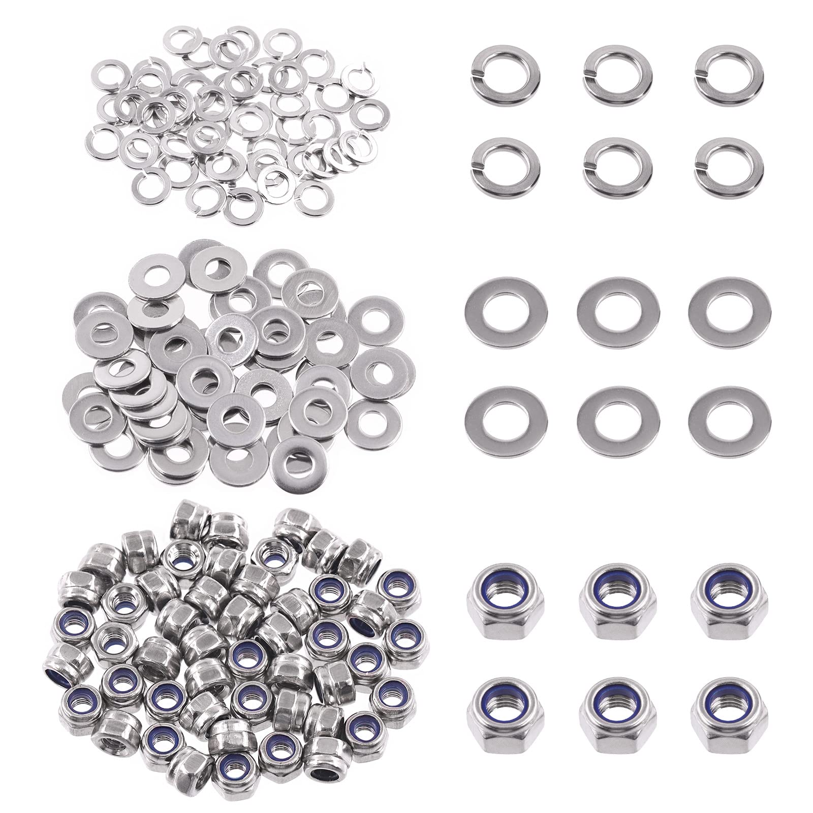 JVFCXXV  Metric 304 Stainless Steel M3 Hex Lock Nuts Flat Washers and Split Lock Washers Assortment Kit 150 Pieces for Home Automotive and Shop