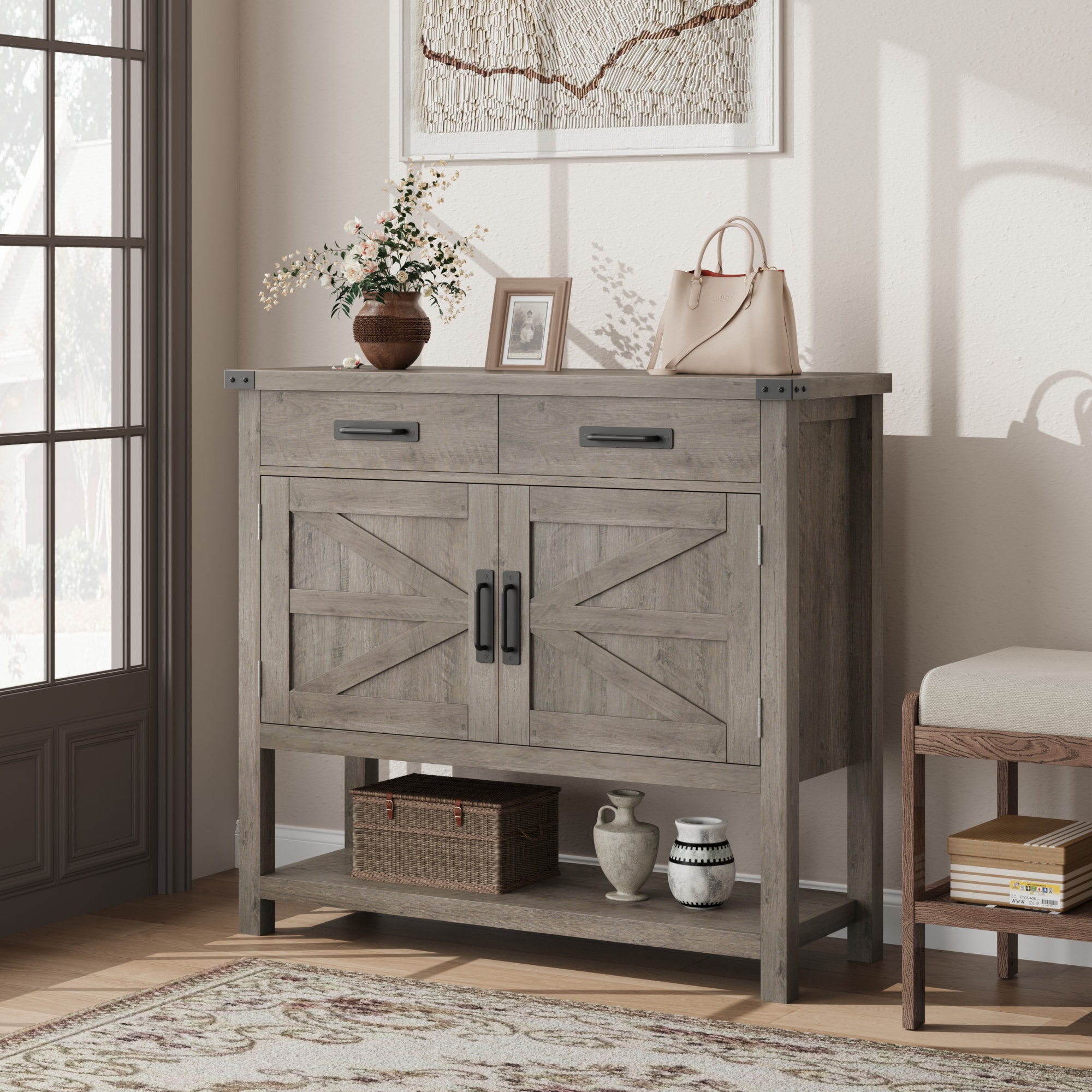 Qeetex - Coffee Bar Cabinet Modern Farmhouse Buffet Sideboard with Drawers and Shelf Barn Door Ac...