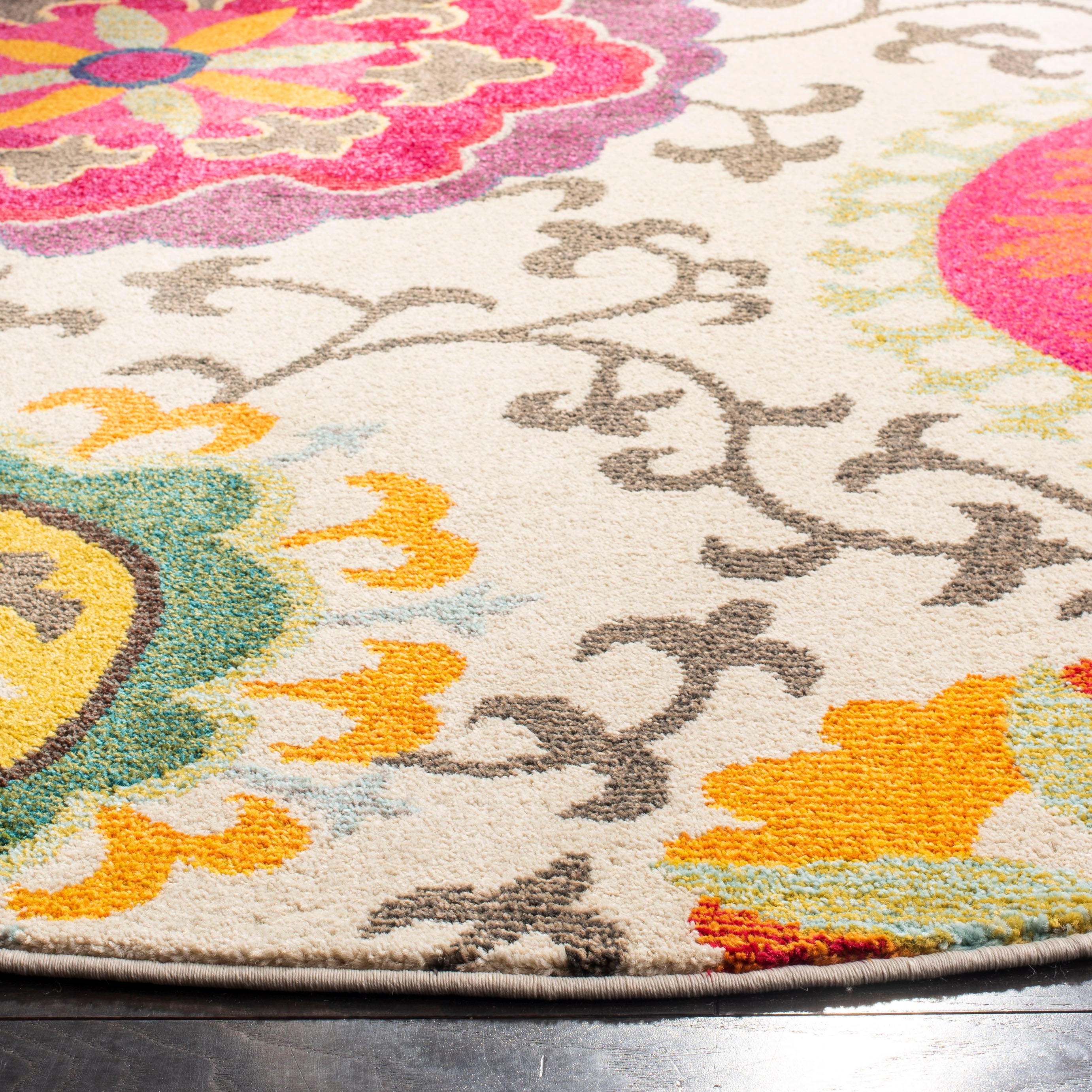 Ivory Floral Memory Foam Round Rug with Easy Care Synthetic
