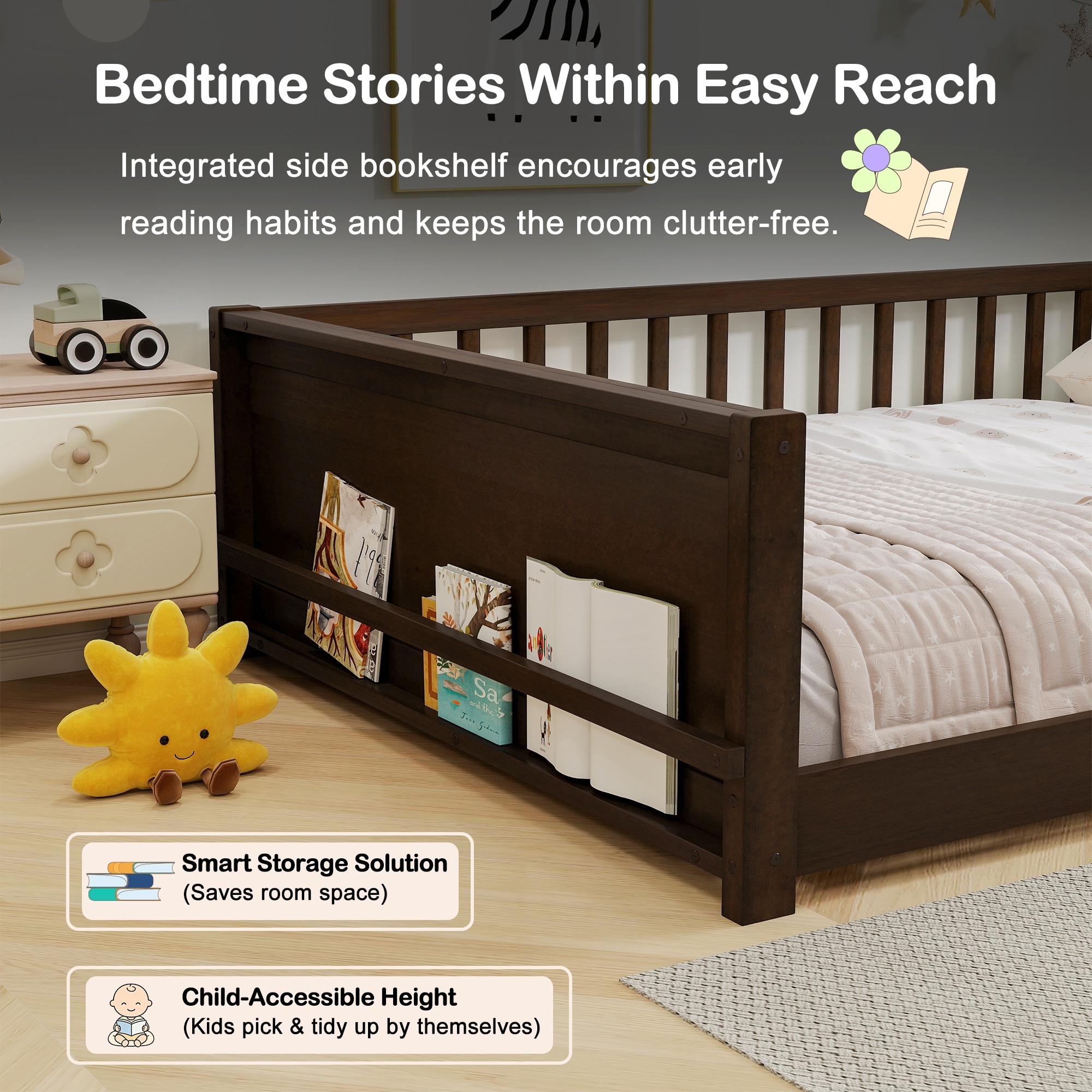 Bellemave Full Size Solid Rubber Wood Floor Bed Frame Safety Guardrails ...