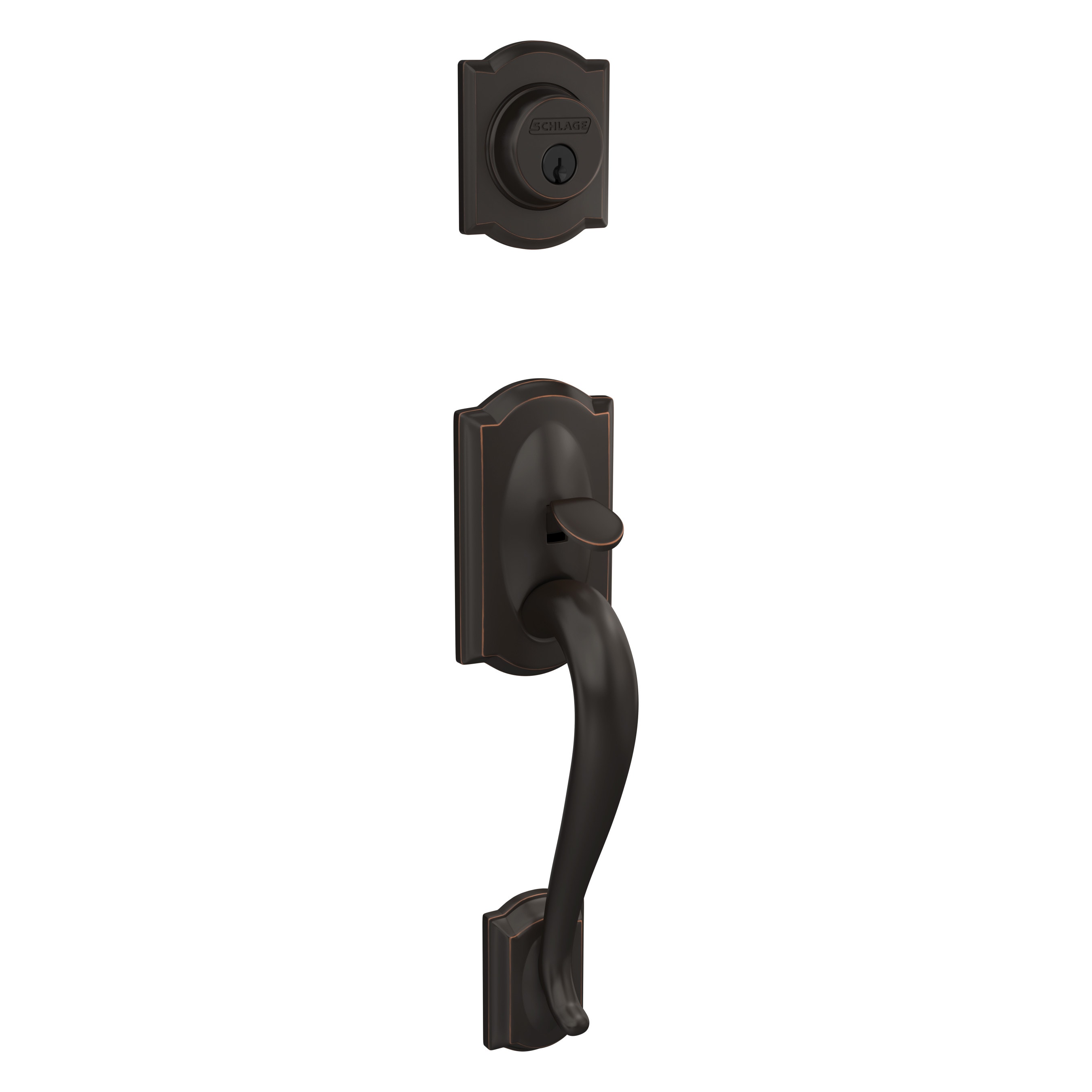Schlage F58 CAM 716 Camelot Aged Bronze Entry door exterior handle with
