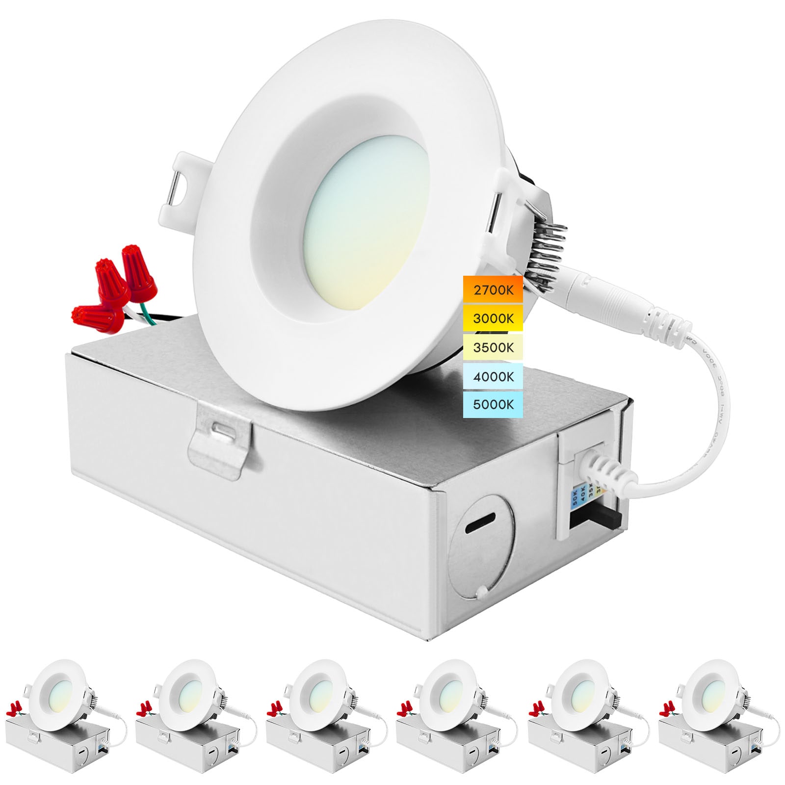 Luxrite LR22630-6PK White 3-in 800 -Lumens Switchable white Round Dimmable LED Canless Wet rated Recessed Downlight 6 -Pack