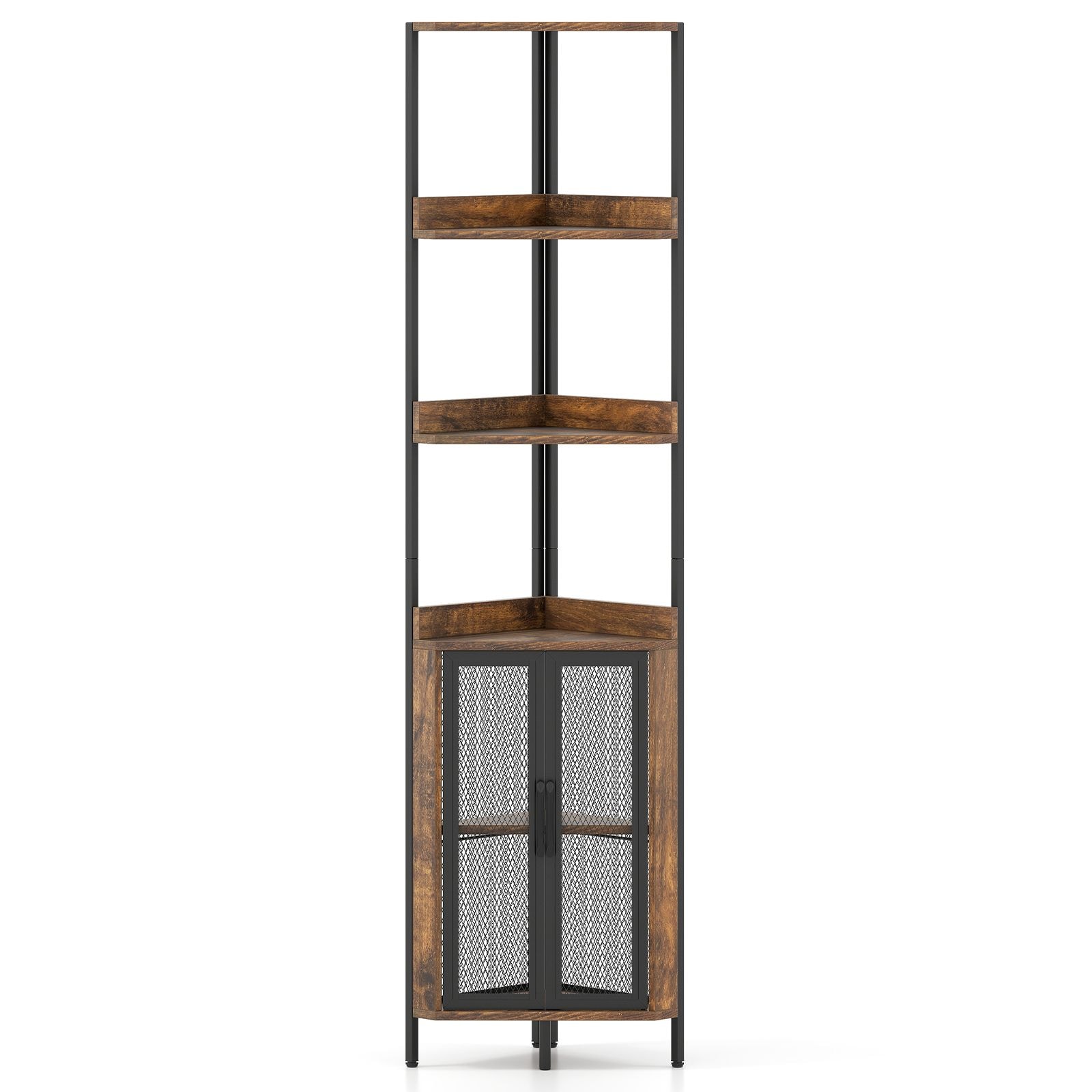 Slickblue Corner Rustic Brown/White 6 Shelf Bookcase with Metal Frame and Adjustable Shelf for Living Room or Study