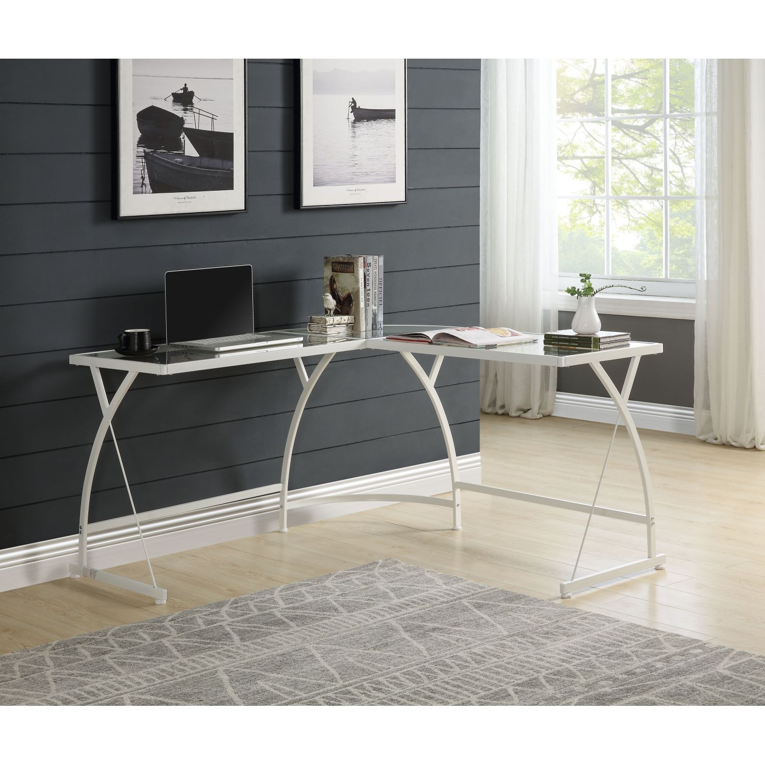 JASMODER OF00052 Janison Computer Desk In Clear Glass and White Finish