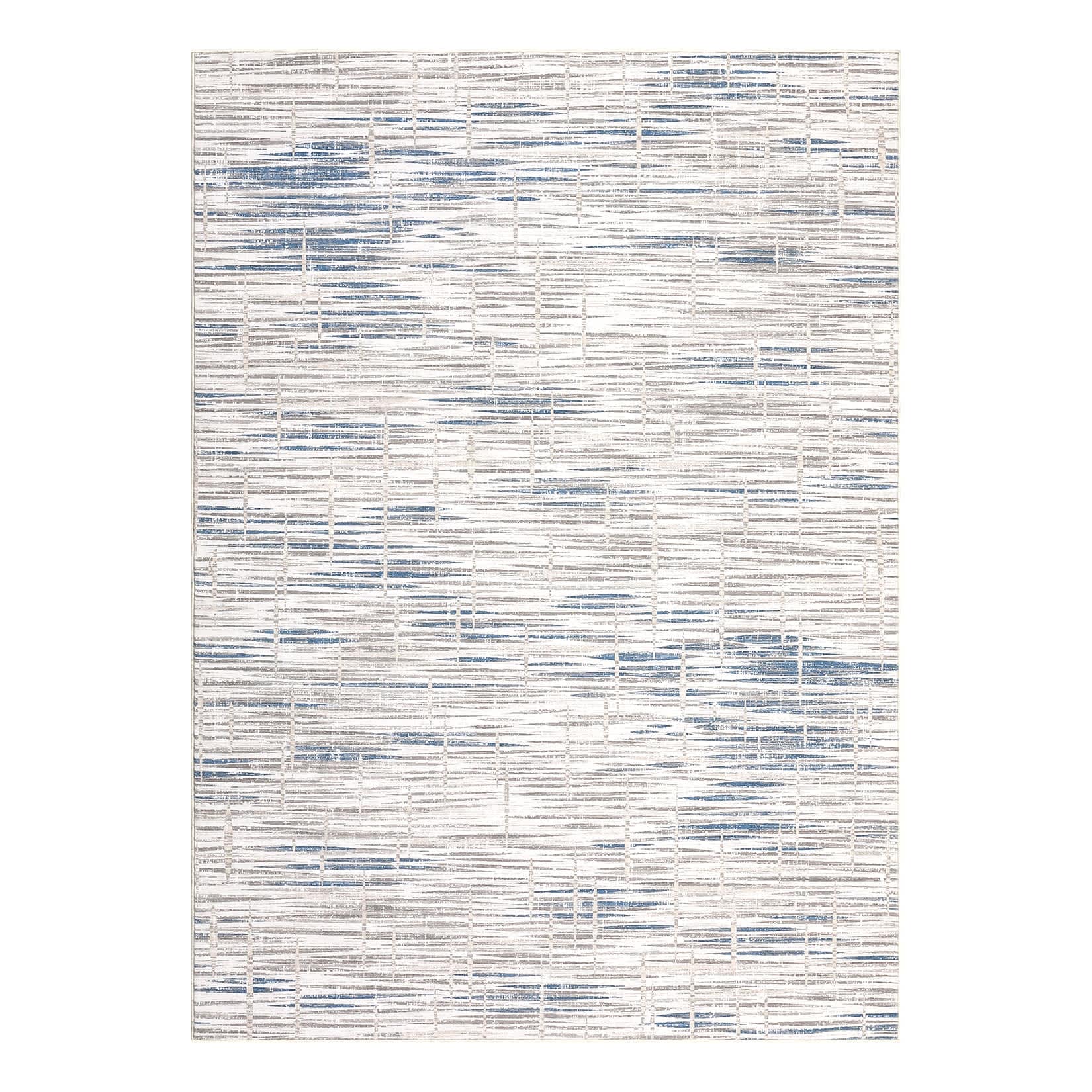 Qeetex LSN-PHO-16HJLJ1D 4 x 6 ft Polyester Cashmere Imitation Beige Blue Rectangular Hallway Bathroom Entryway Kitchen Office Foldable Line Printed Modern Washable Area Rug