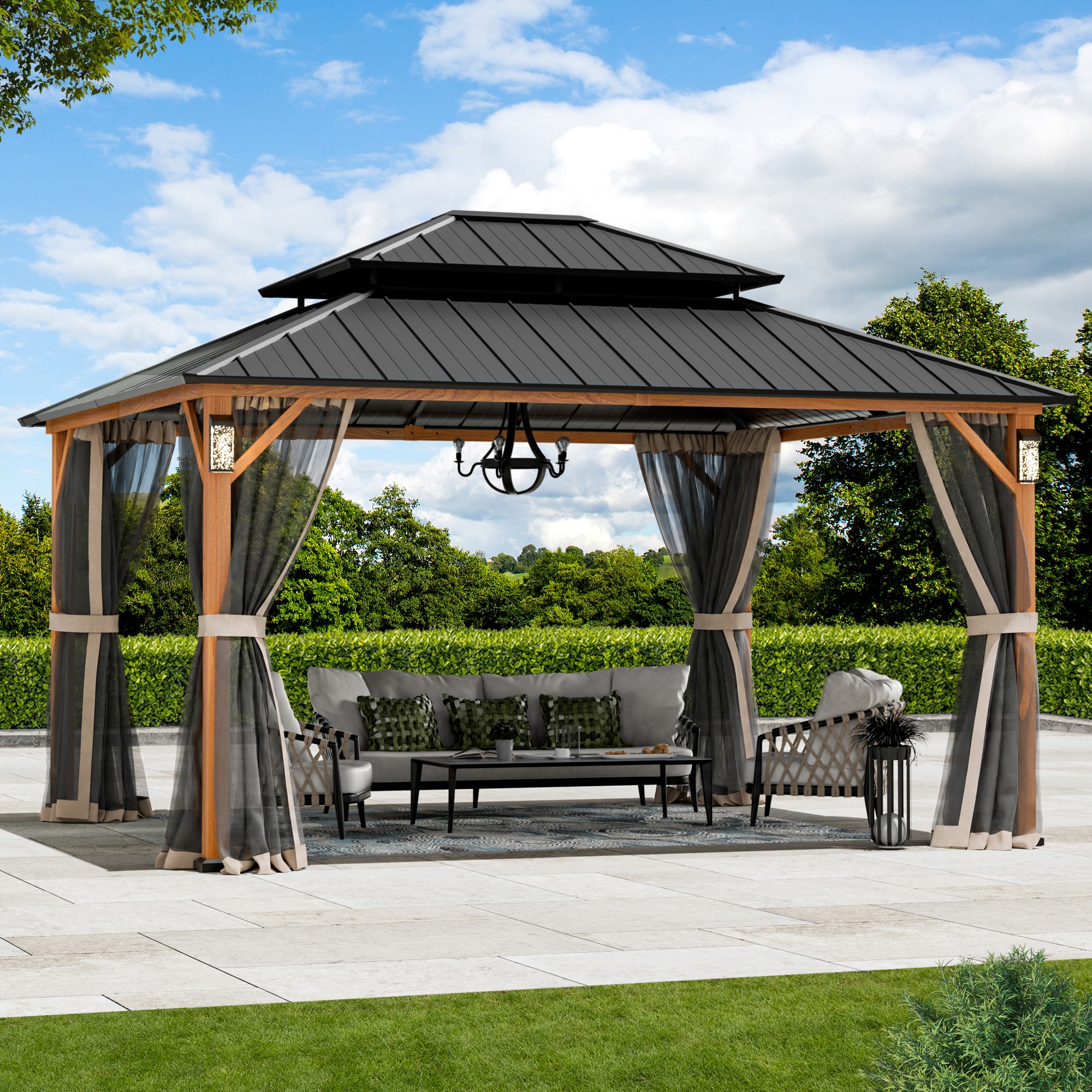 ELEVATE OUTDOORS Solora Brown Gazebo with Hardtop Roof and Mosquito Netting (Screen Included)