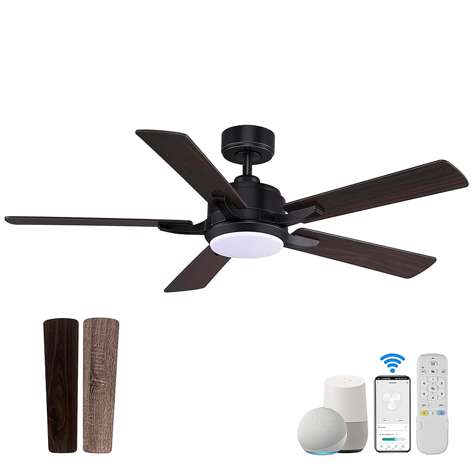 Yardreeze YJDHM2207 52-in Color-Changing Integrated LED Smart Black with ABS Blades Ceiling Fan With Light - Remote Included ( 3 -Blade )