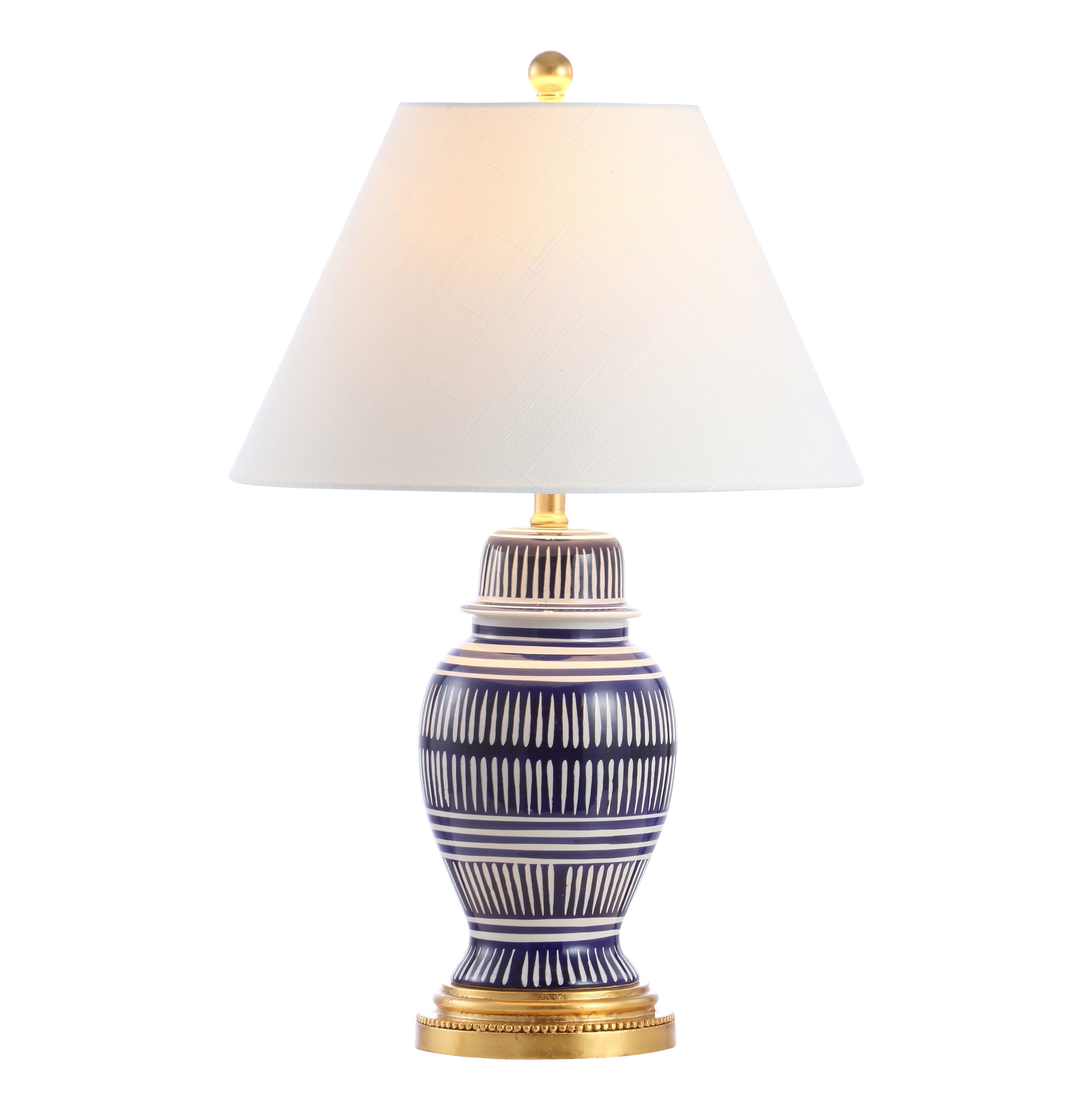 27" Navy and White Ceramic Coastal Table Lamp with Gold Accents