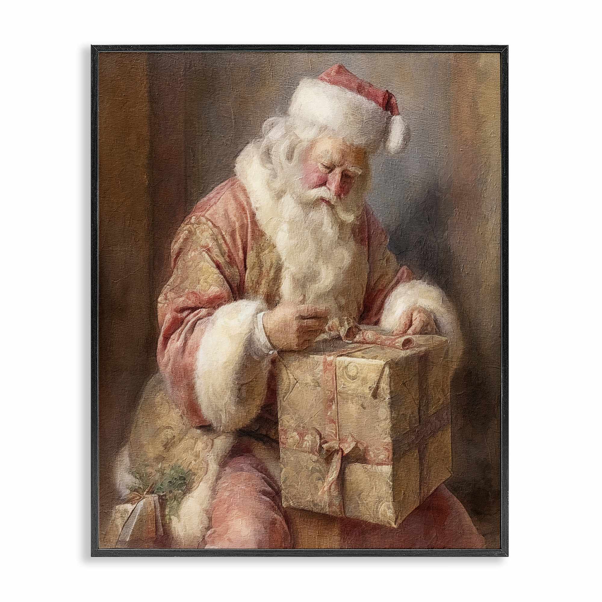 Stupell Industries Vintage Santa Wrapping Gift Black Framed Giclee Art 17 x 17