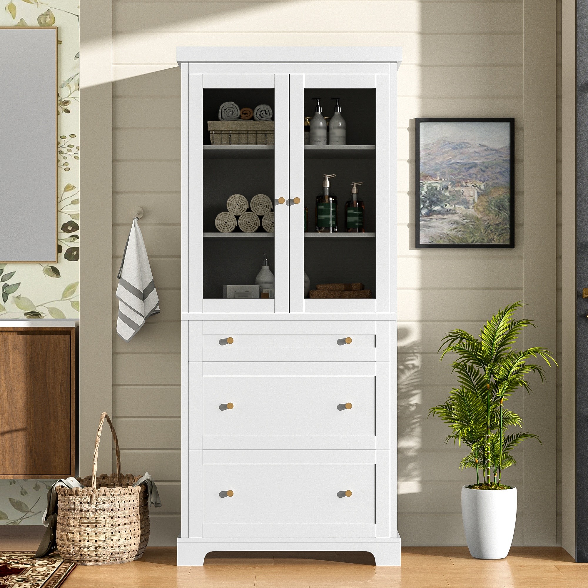 LIVACA 70 inch White MDF Freestanding Tall Bathroom Cabinet with Soft Close Glass Doors and 2 Adjustable Shelves