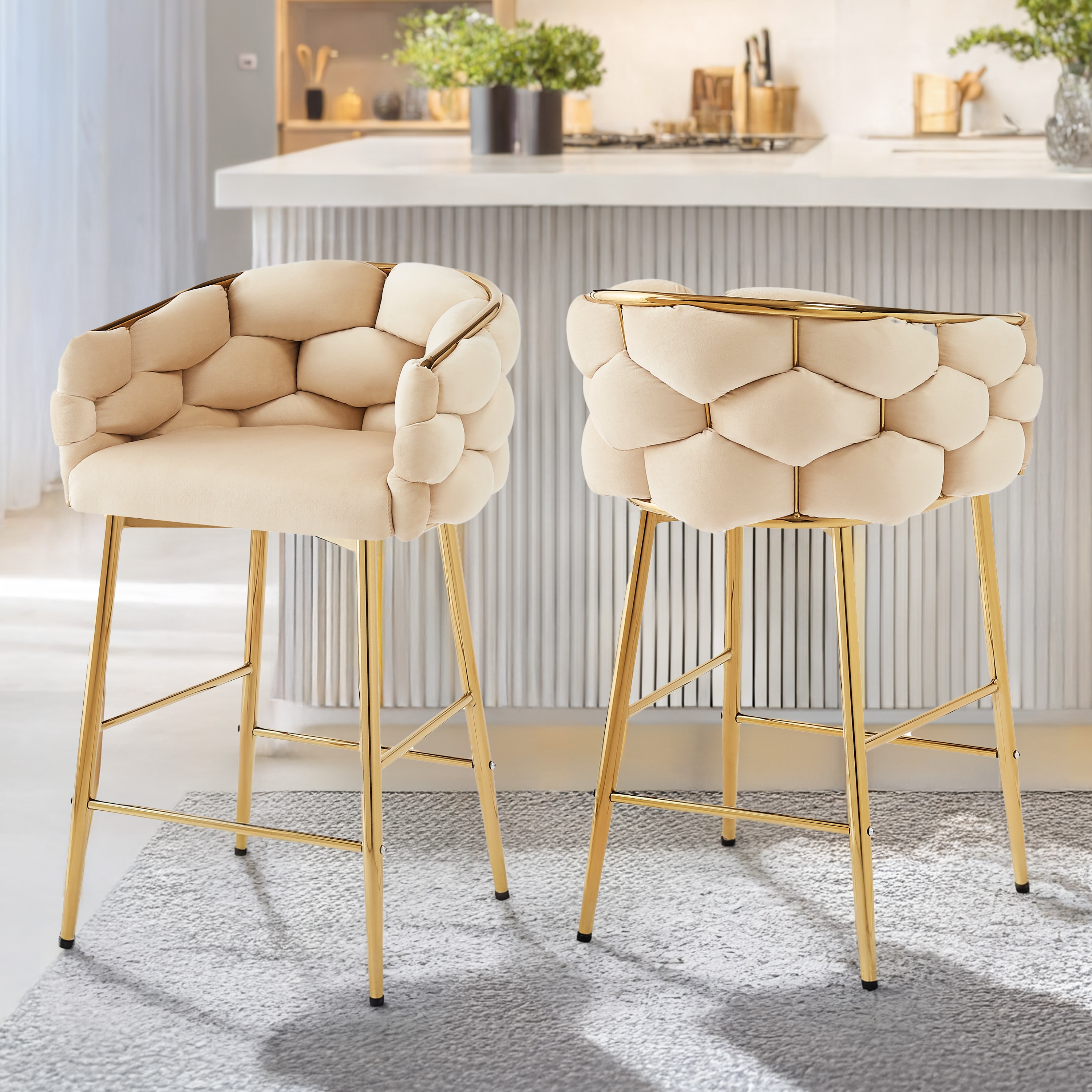ModernLuxe L3P-N780P199861W 28inch Modern Counter Stools Set of 2Beige Counter Stools with iron FrameSoft back and cushionFootrestsuitable for KitchenBedroomDining Room.