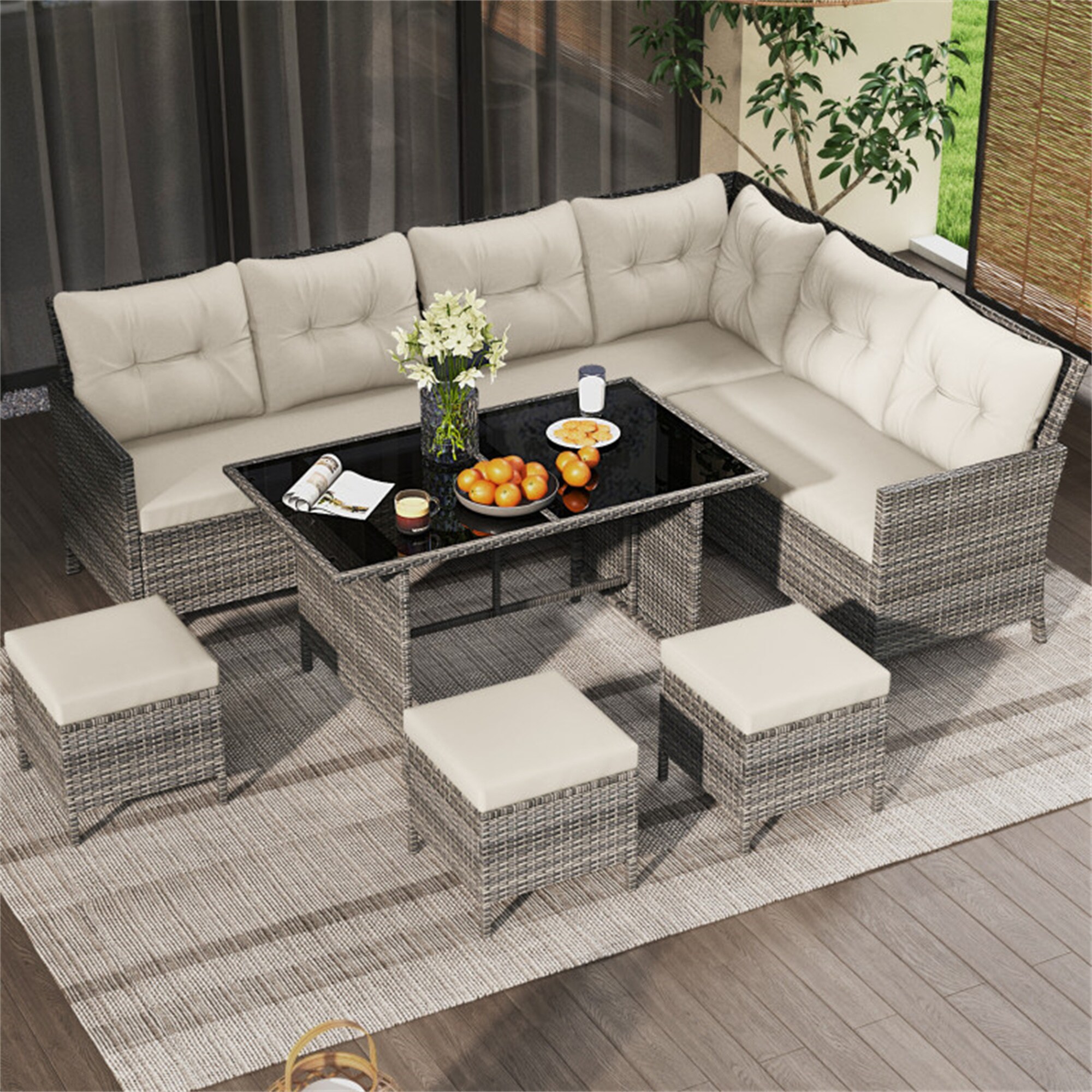 BABOOM BOM-9S00006-OR Patio Furniture Set 7 -Piece Mix Gray Rattan Patio Dining Set Rattan Rectangle Table with 1 Off-white Cushions Stationary Chairs