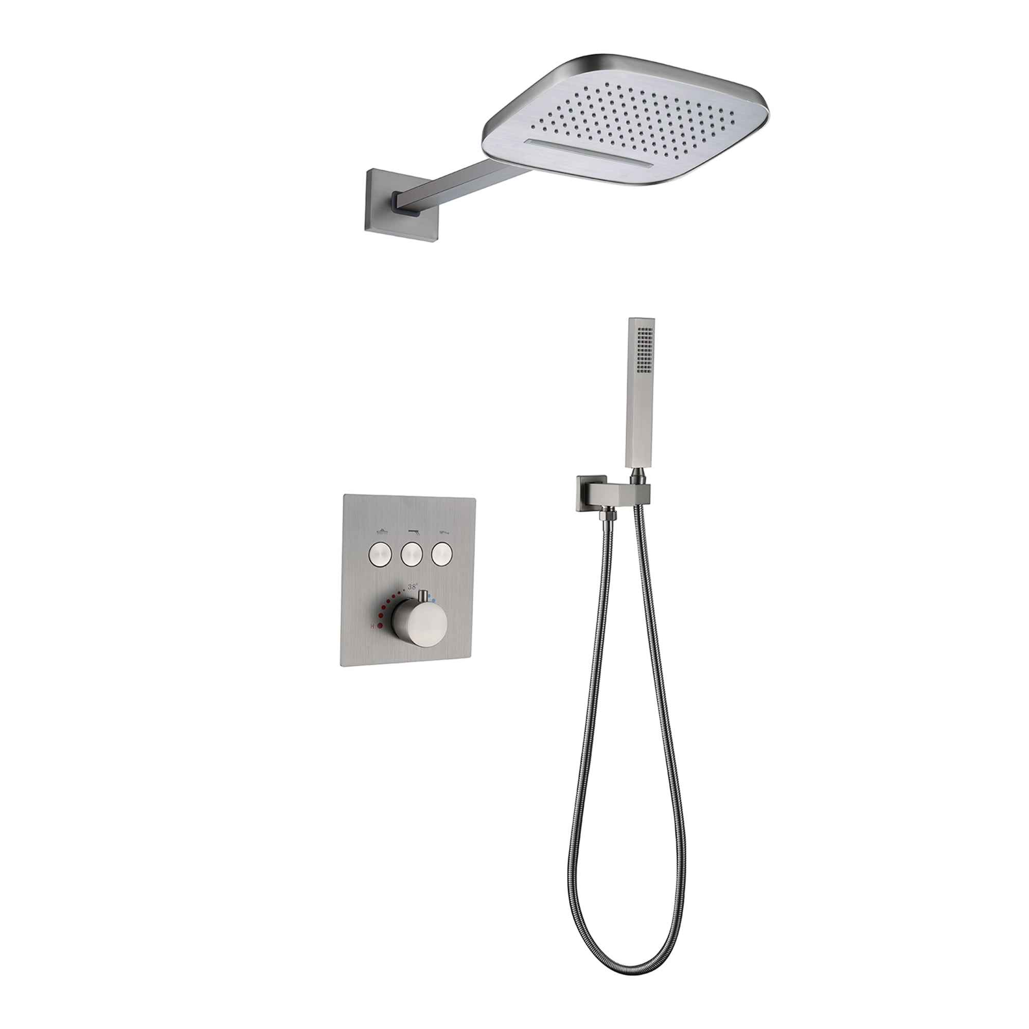 WELLFOR WB-0907 Brushed Nickel 9.92-in Waterfall Dual Head Built-In Shower Faucet System with 2-way Diverter ( Thermostatic Valve Included )