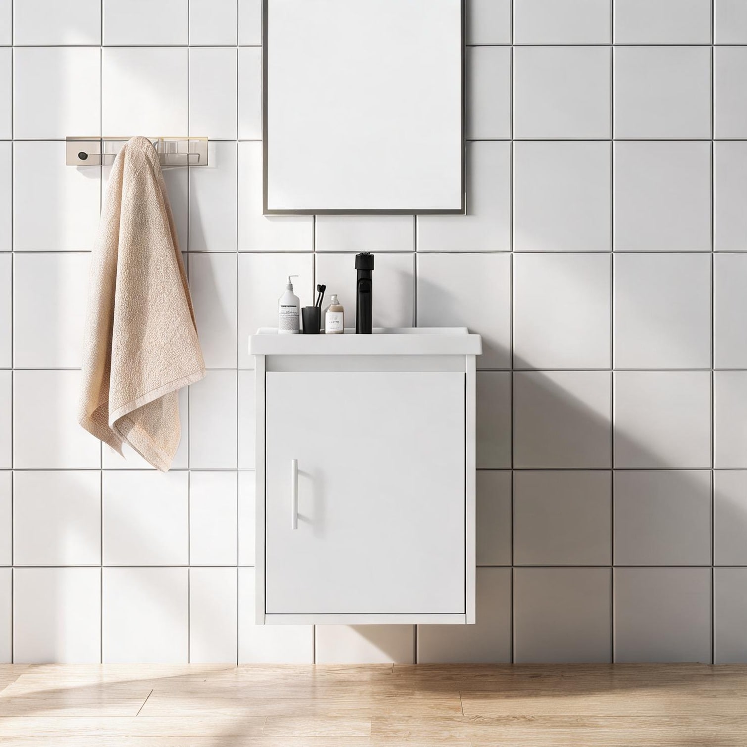 Watnature - Wall-Mounted Bathroom Vanity with Integrated Ceramic Sink Soft-Close Door White-Toned...