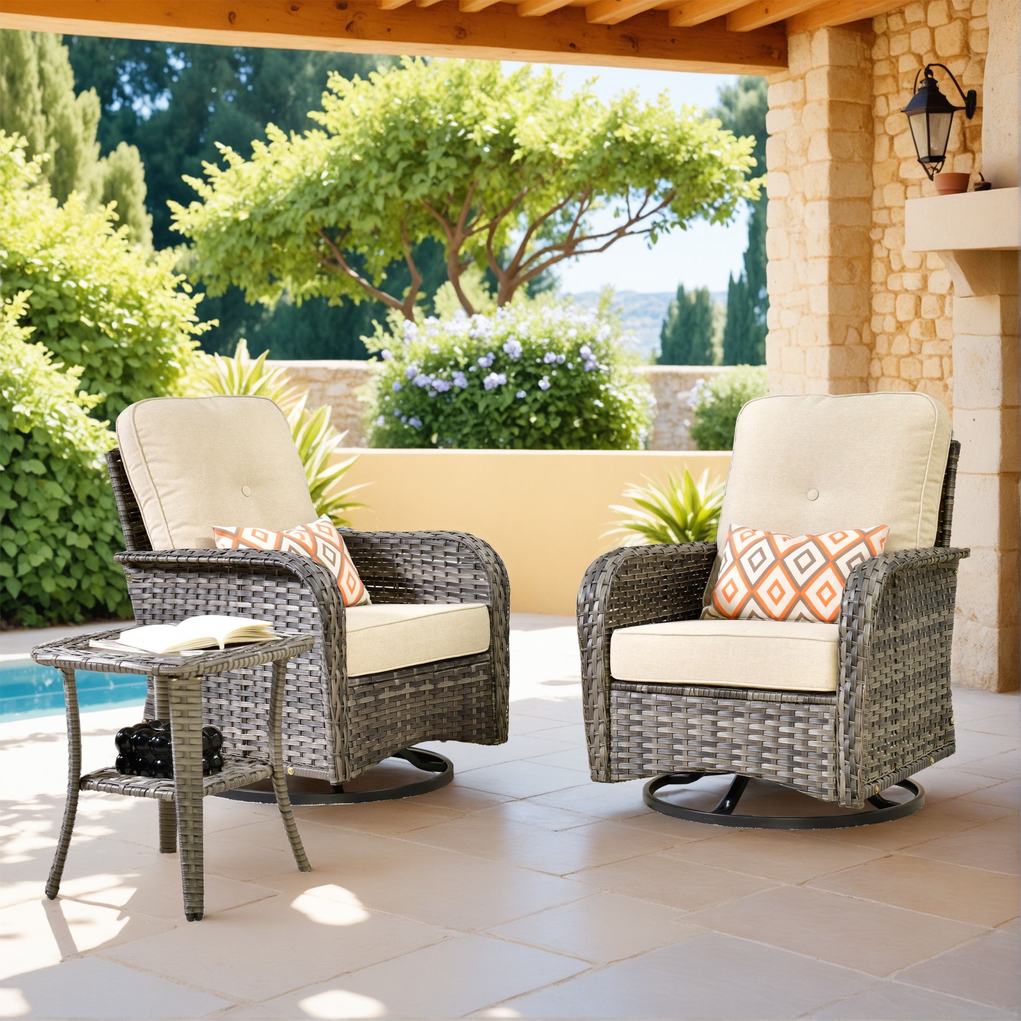 Pouuin SCNG603 Set of 2 Wicker Gray Metal Frame Swivel rocker Rocking Chair with Beige Cushioned Seat